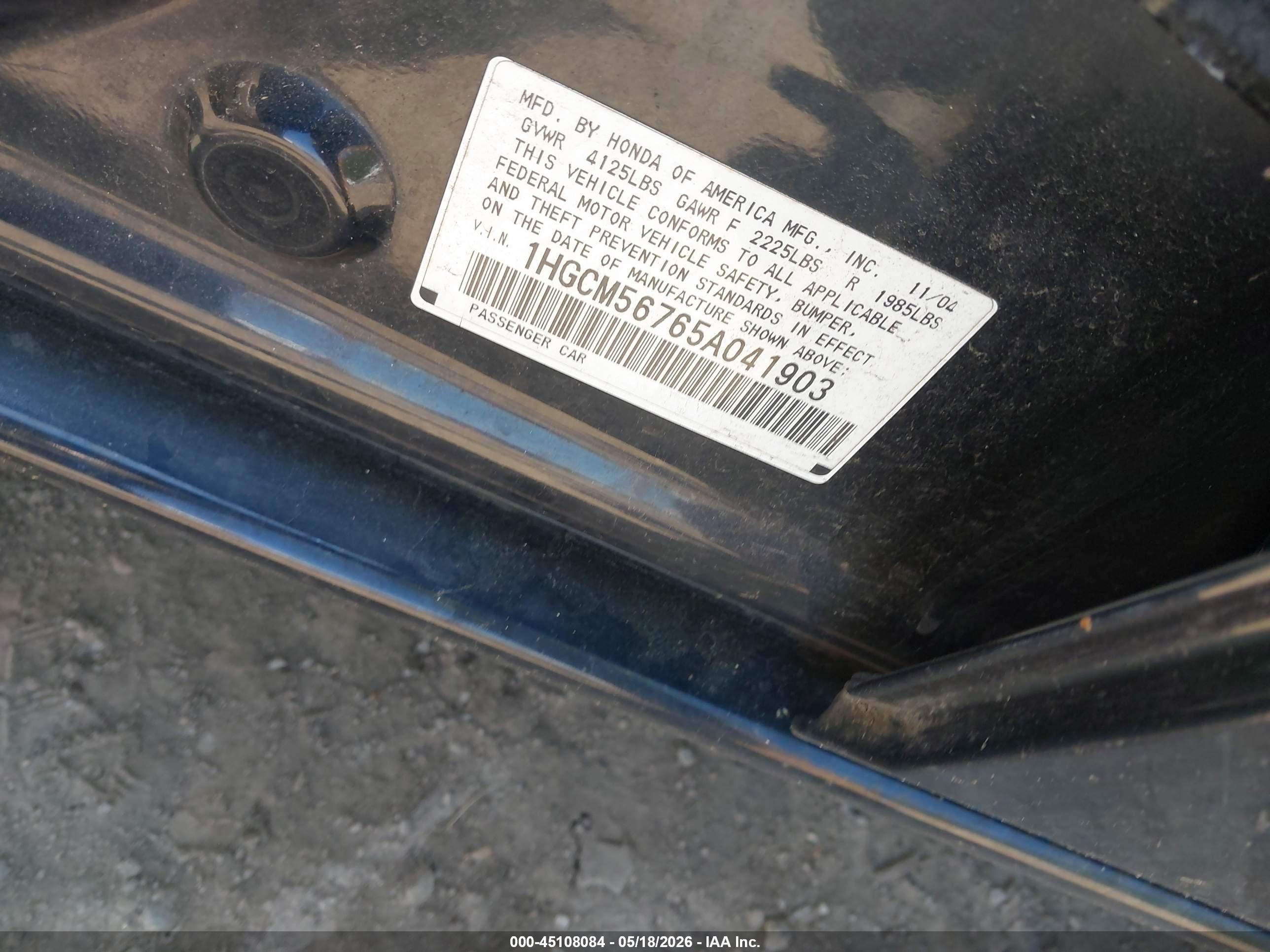 2005 Honda Accord 2.4 Ex Black vin: 1HGCM56765A041903