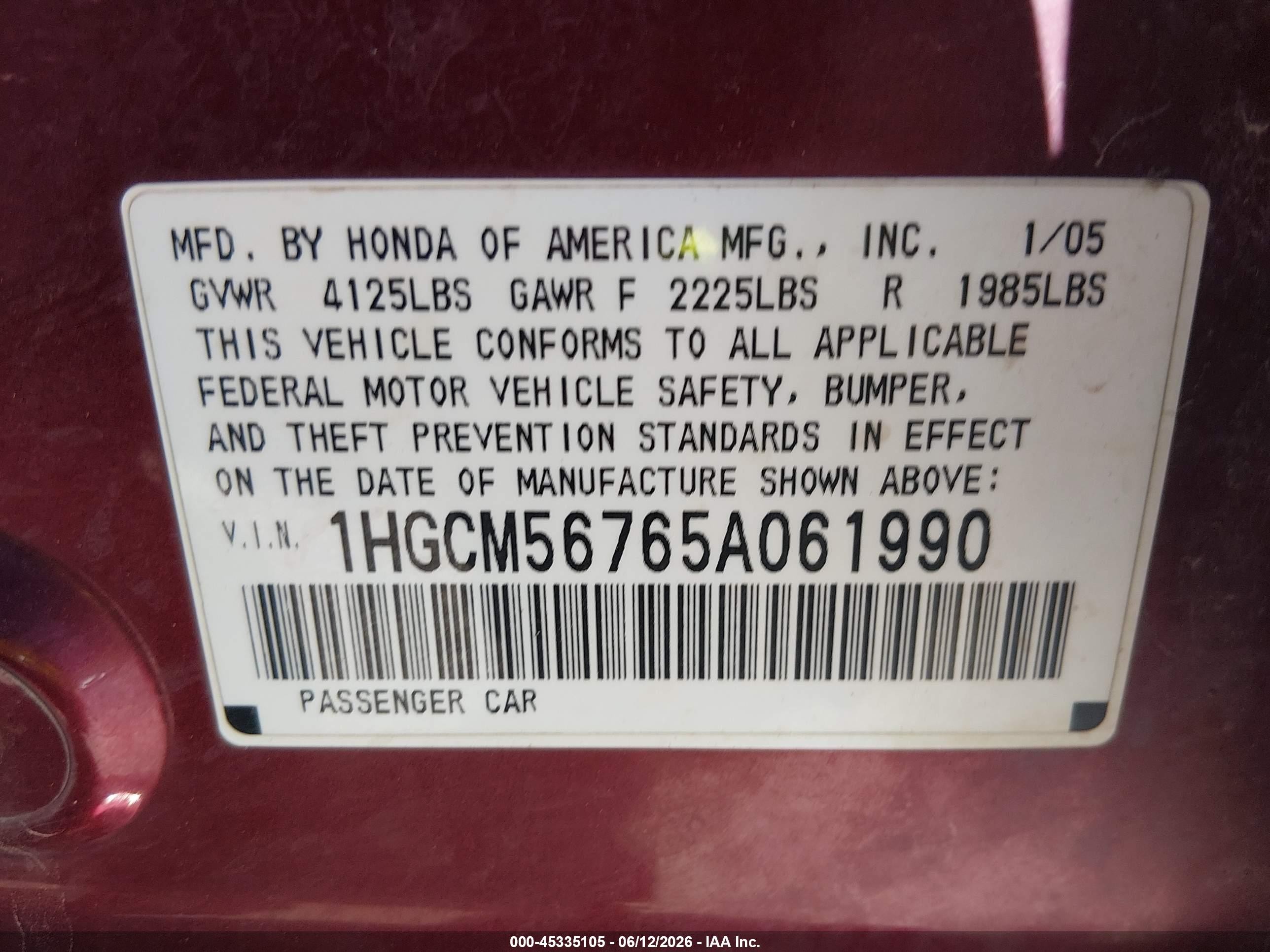 2005 Honda Accord 2.4 Ex Maroon vin: 1HGCM56765A061990
