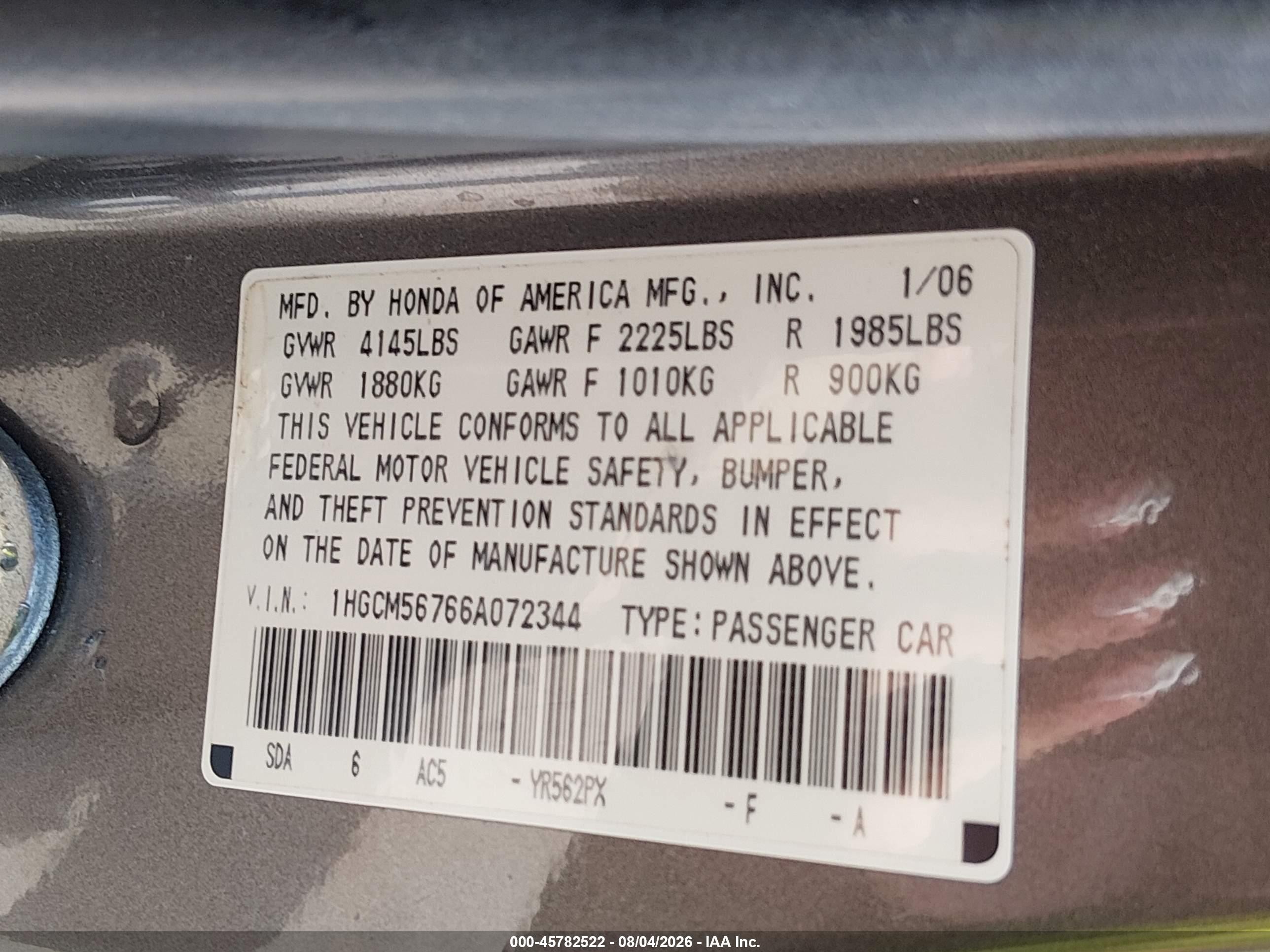 2006 Honda Accord 2.4 Ex Серый vin: 1HGCM56766A072344