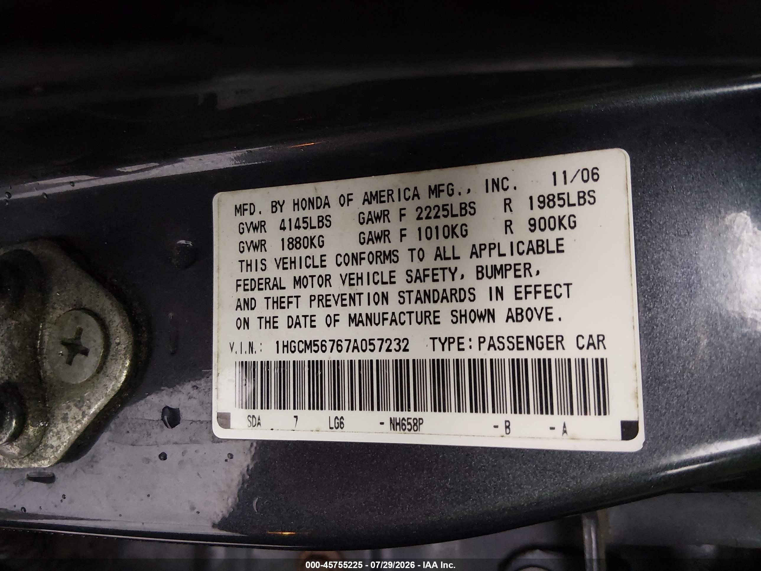 2007 Honda Accord 2.4 Ex Серый vin: 1HGCM56767A057232