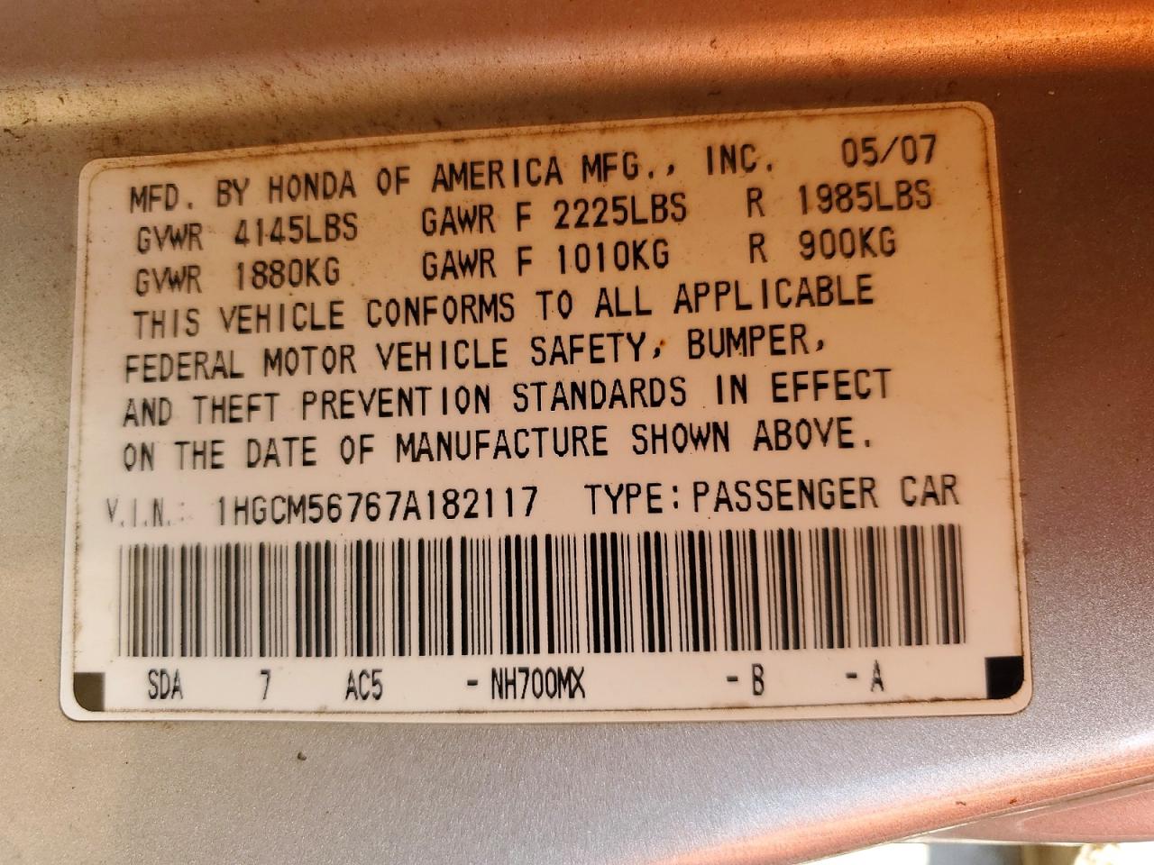 2007 Honda Accord Ex Silver vin: 1HGCM56767A182117