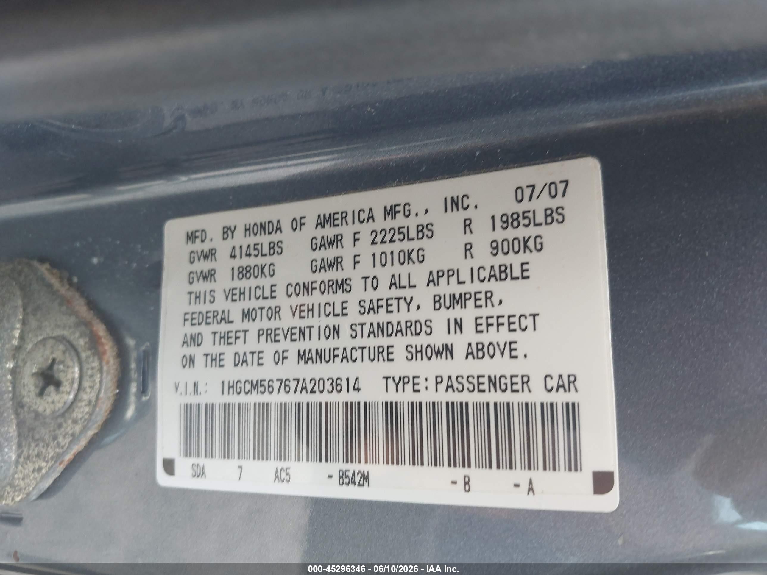 2007 Honda Accord 2.4 Ex Blue vin: 1HGCM56767A203614