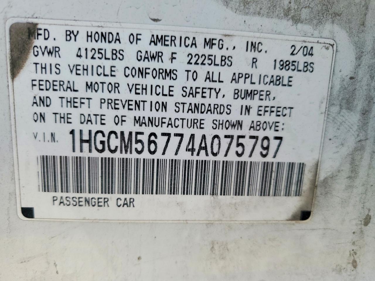 2004 Honda Accord Ex White vin: 1HGCM56774A075797
