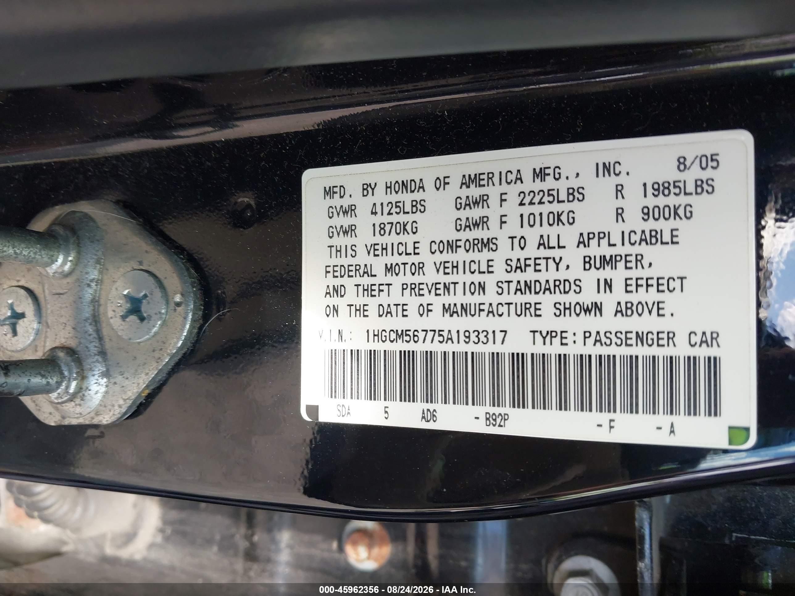 2005 Honda Accord 2.4 Ex Black vin: 1HGCM56775A193317