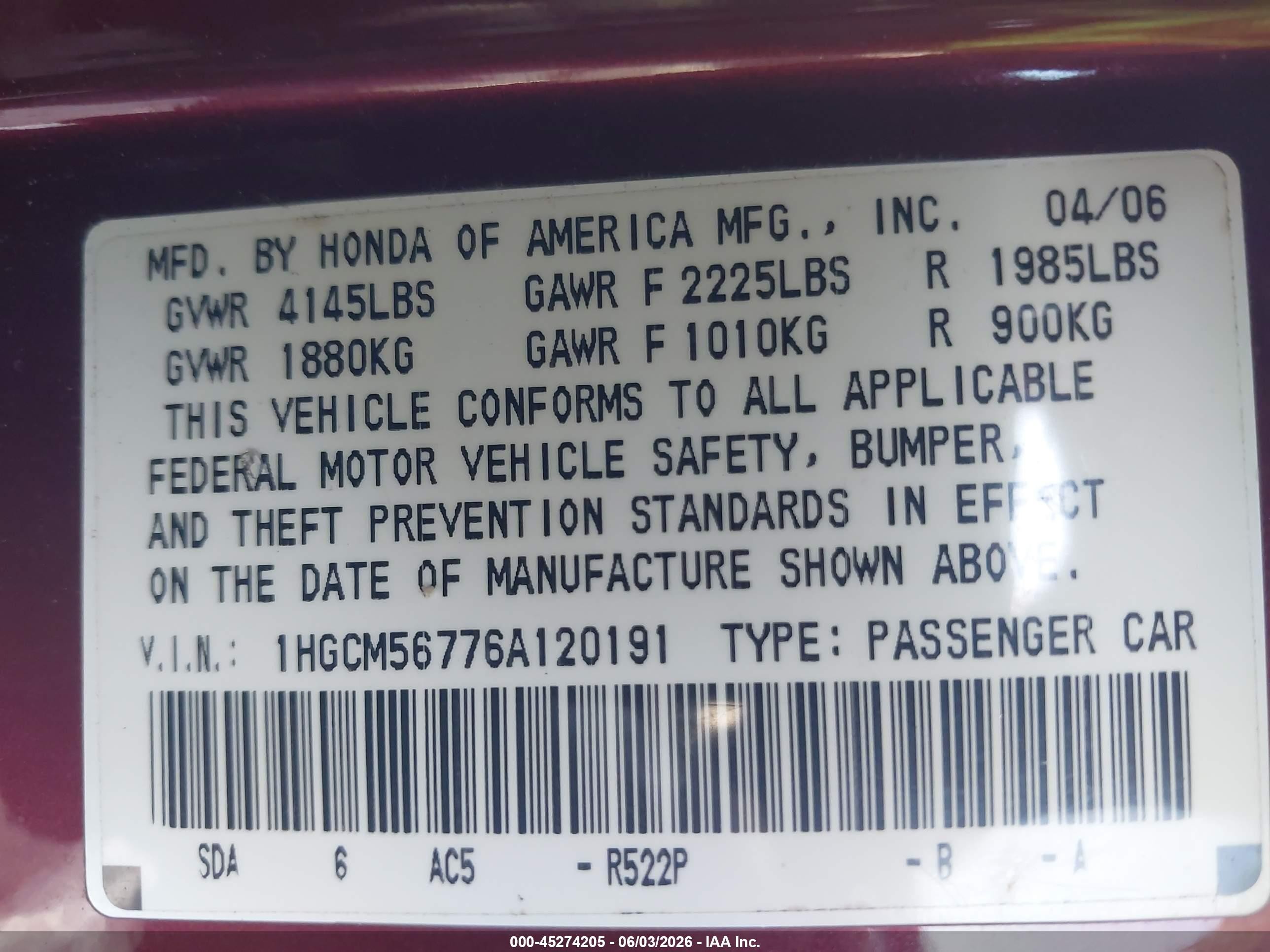 2006 Honda Accord 2.4 Ex Burgundy vin: 1HGCM56776A120191