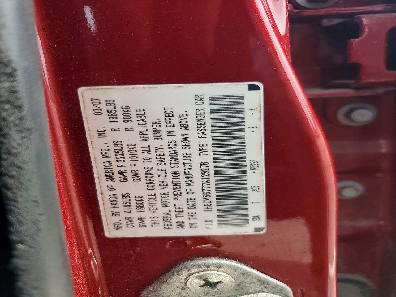 2007 Honda Accord Ex Red vin: 1HGCM56777A129278