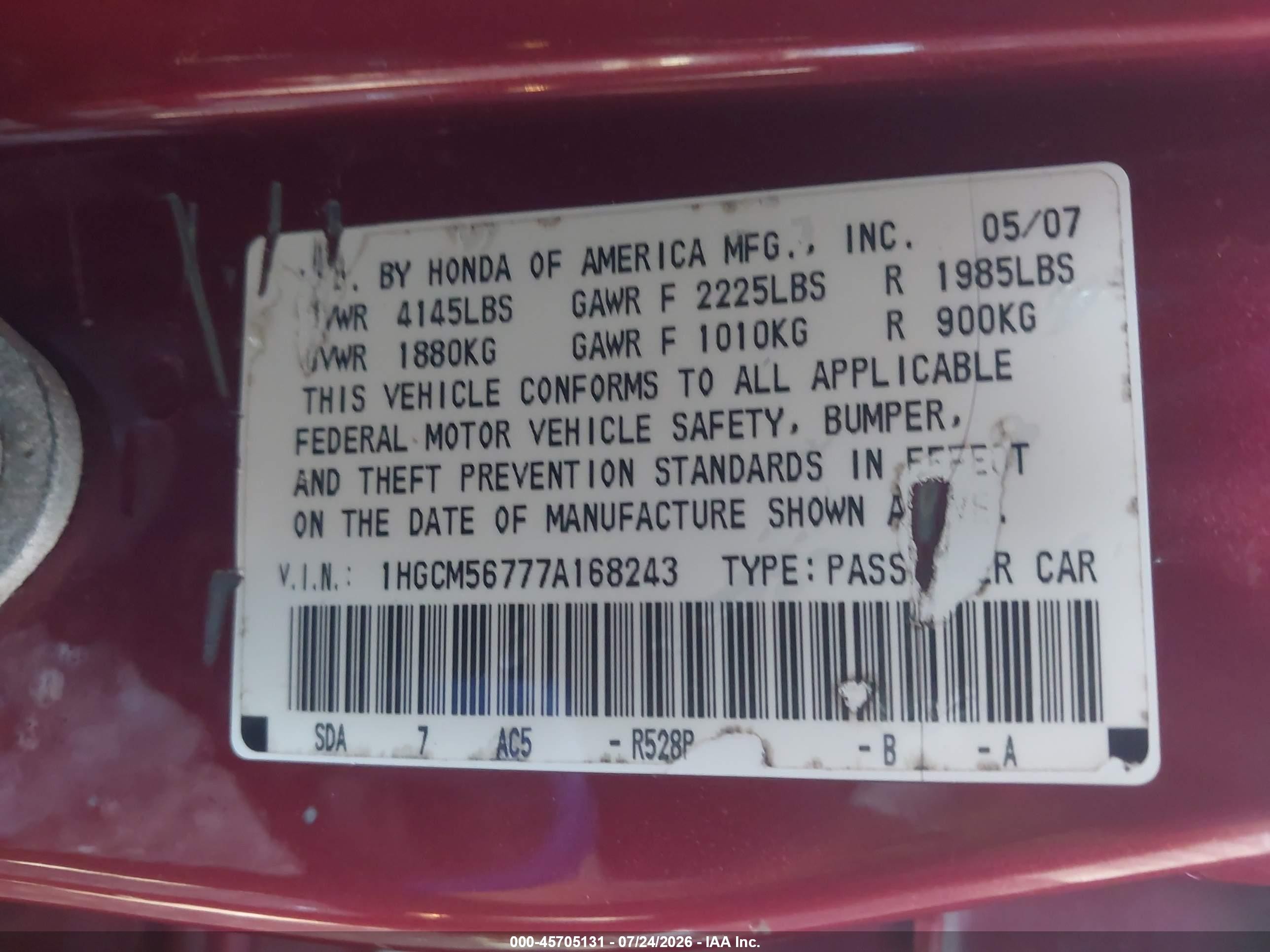 2007 Honda Accord 2.4 Ex Red vin: 1HGCM56777A168243