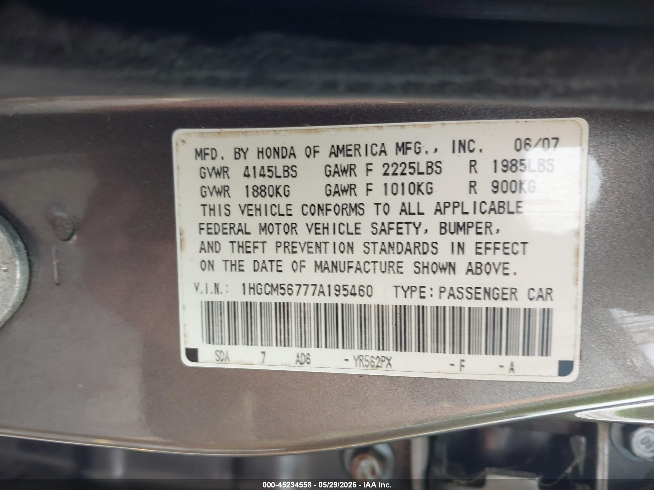2007 Honda Accord 2.4 Ex Gray vin: 1HGCM56777A195460