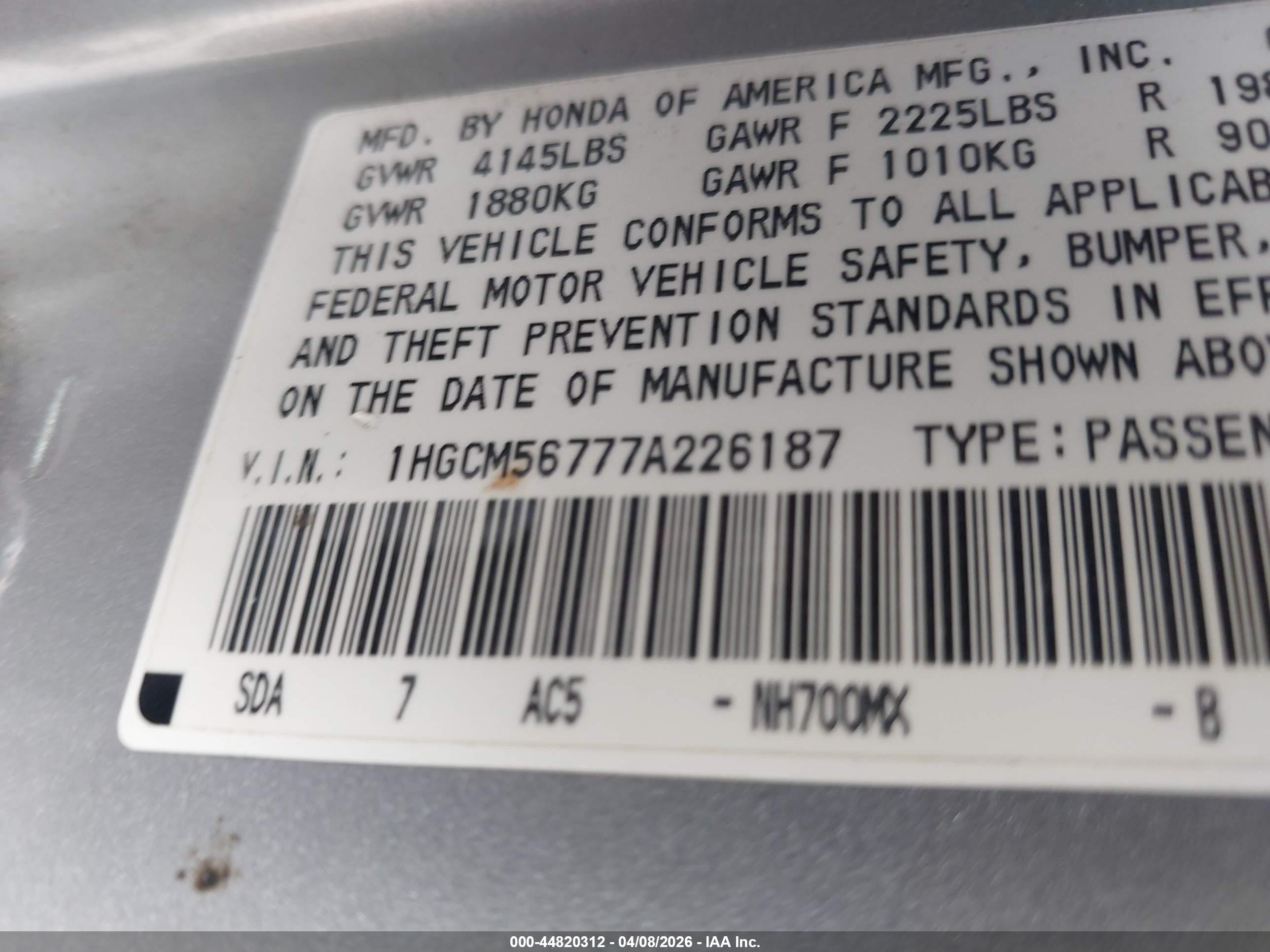 2007 Honda Accord 2.4 Ex Silver vin: 1HGCM56777A226187