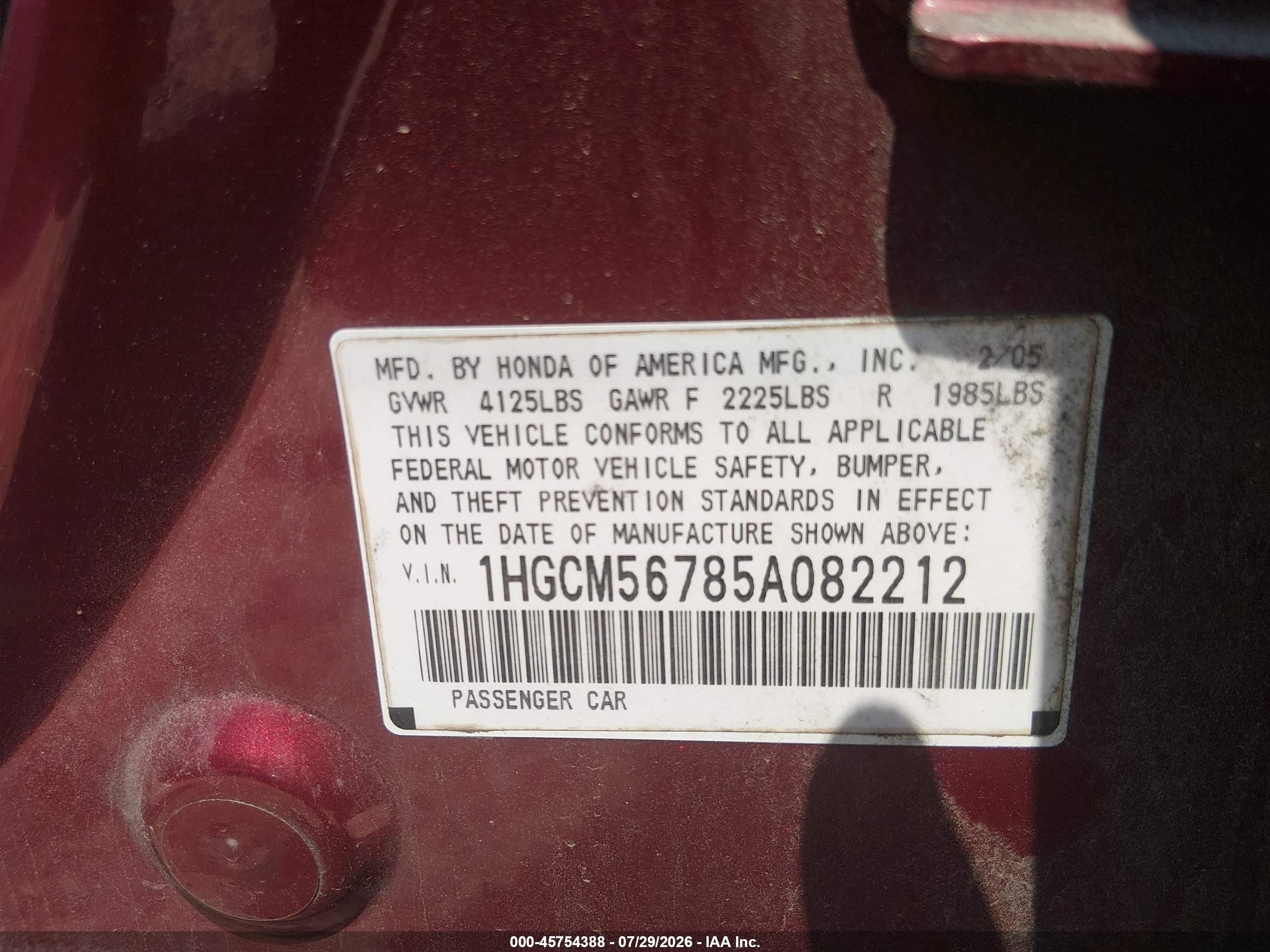 2005 Honda Accord 2.4 Ex Красный vin: 1HGCM56785A082212