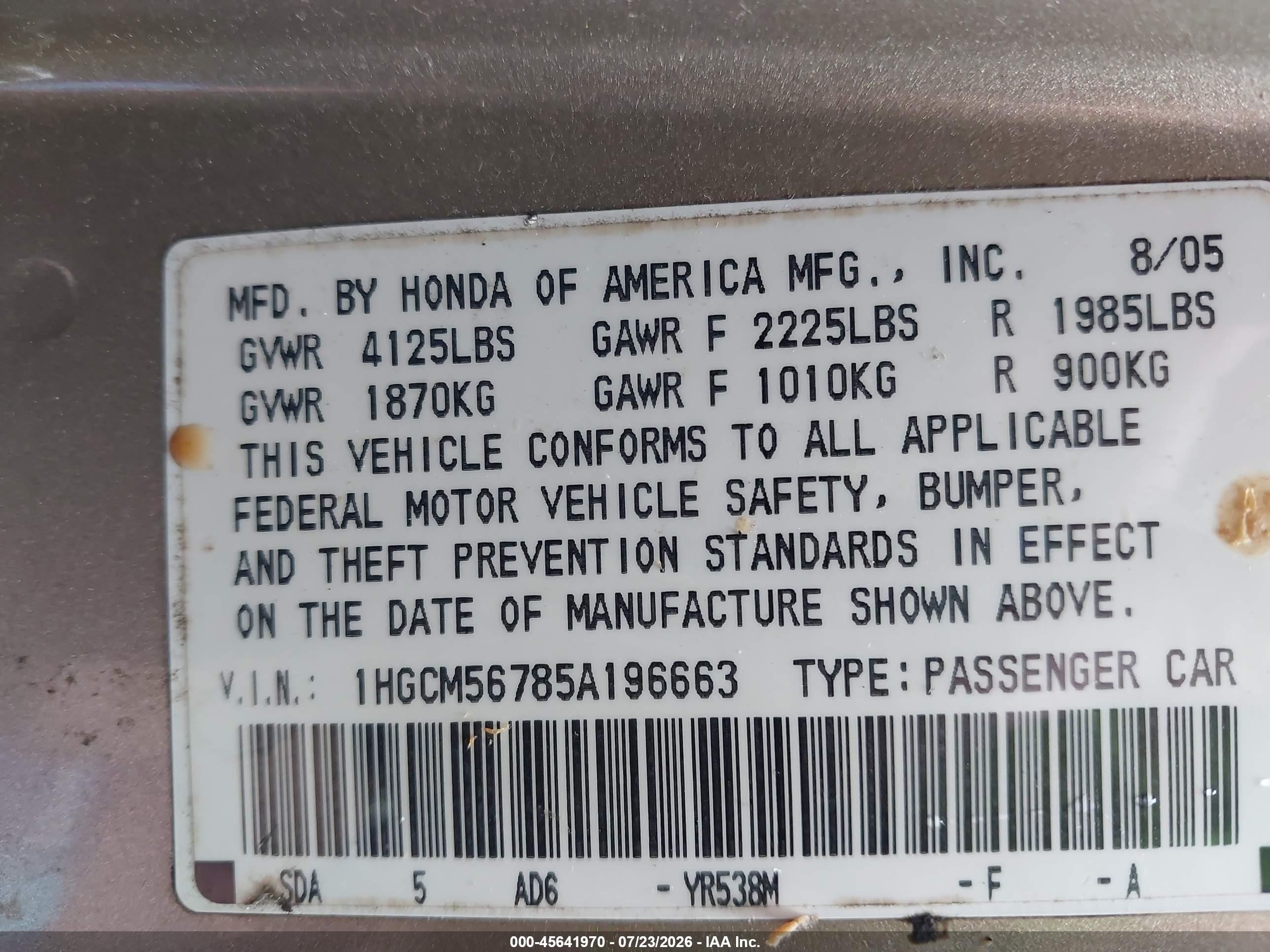 2005 Honda Accord 2.4 Ex Tan vin: 1HGCM56785A196663