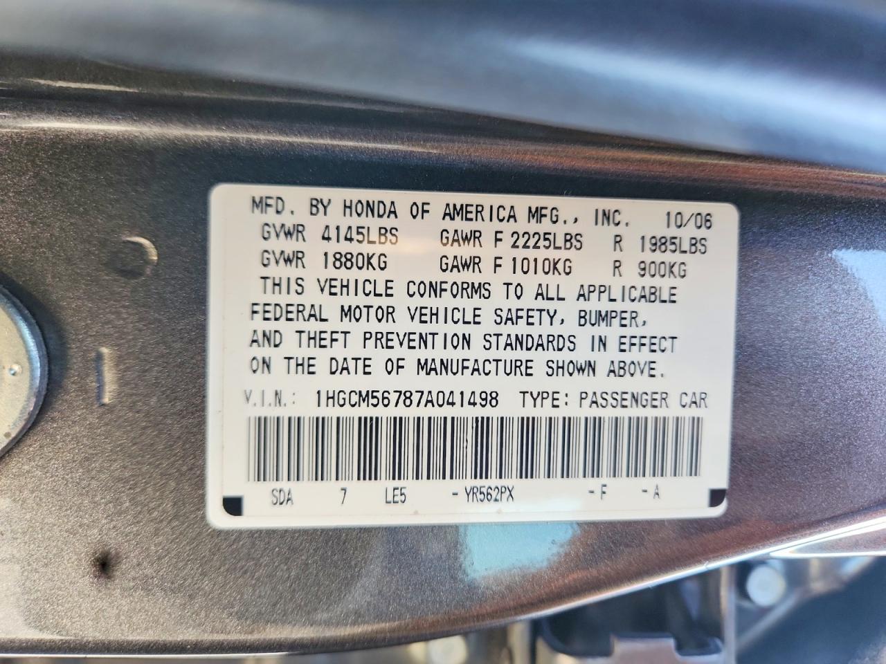 2007 Honda Accord Ex Gray vin: 1HGCM56787A041498