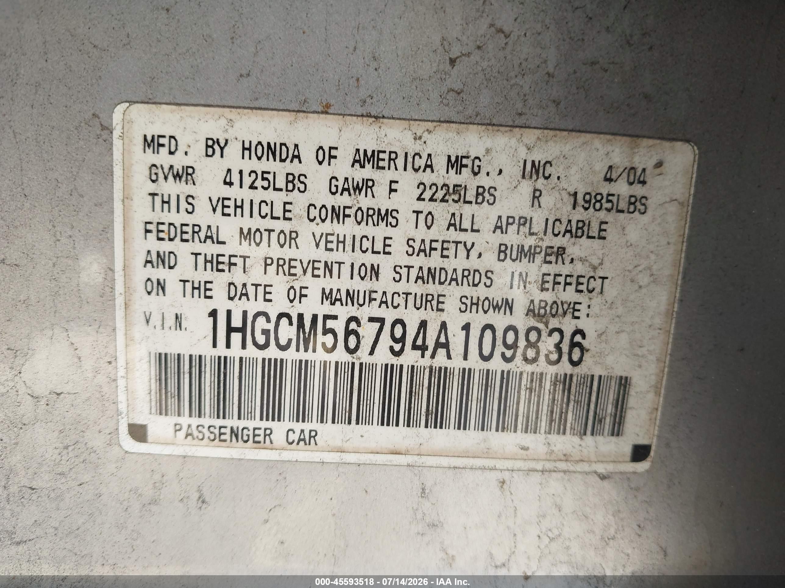 2004 Honda Accord 2.4 Ex Серебряный vin: 1HGCM56794A109836