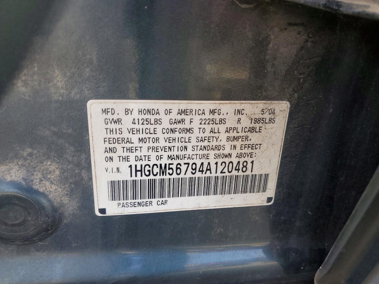 2004 Honda Accord Ex Gray vin: 1HGCM56794A120481