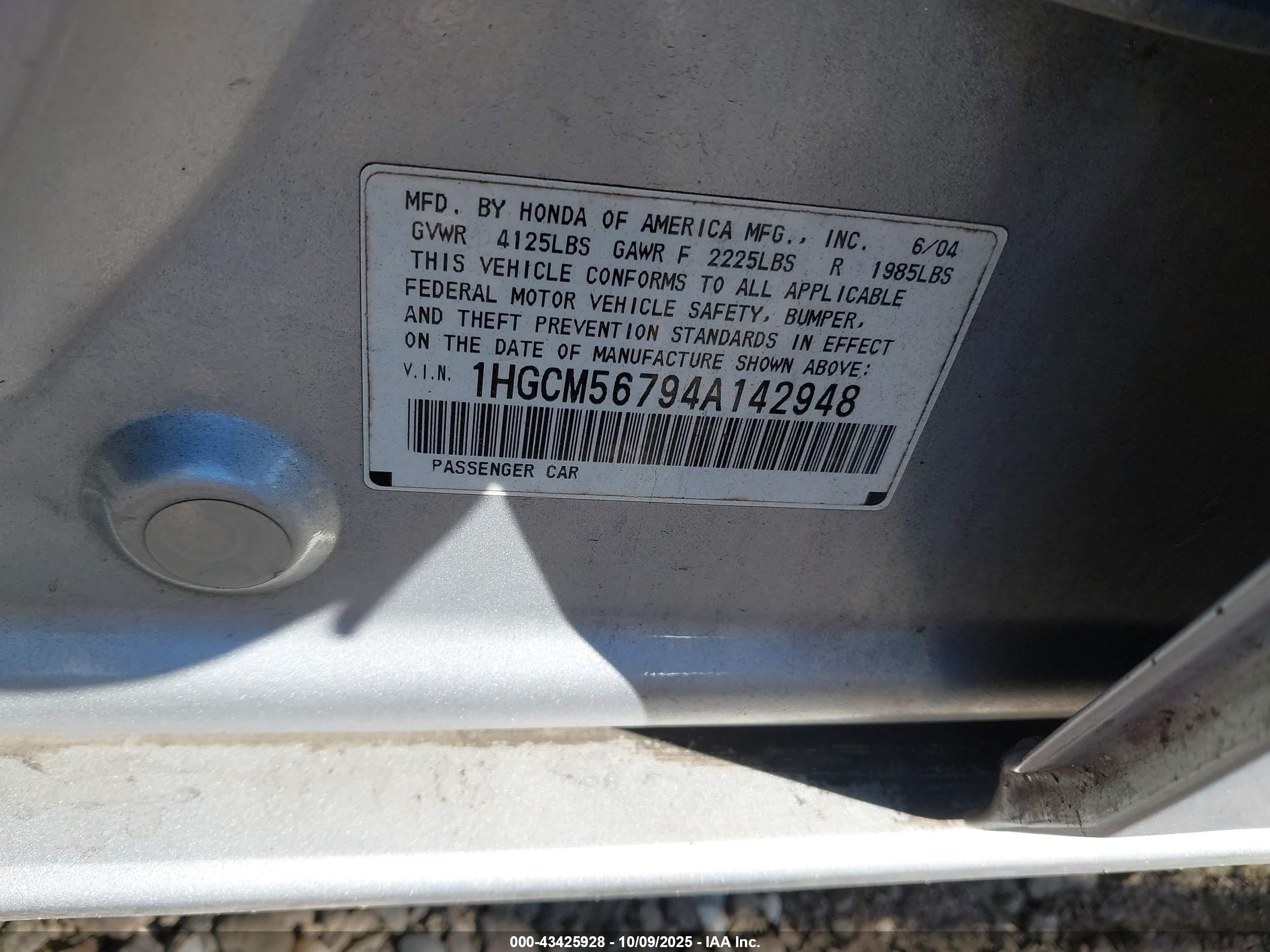 2004 Honda Accord 2.4 Ex Gray vin: 1HGCM56794A142948