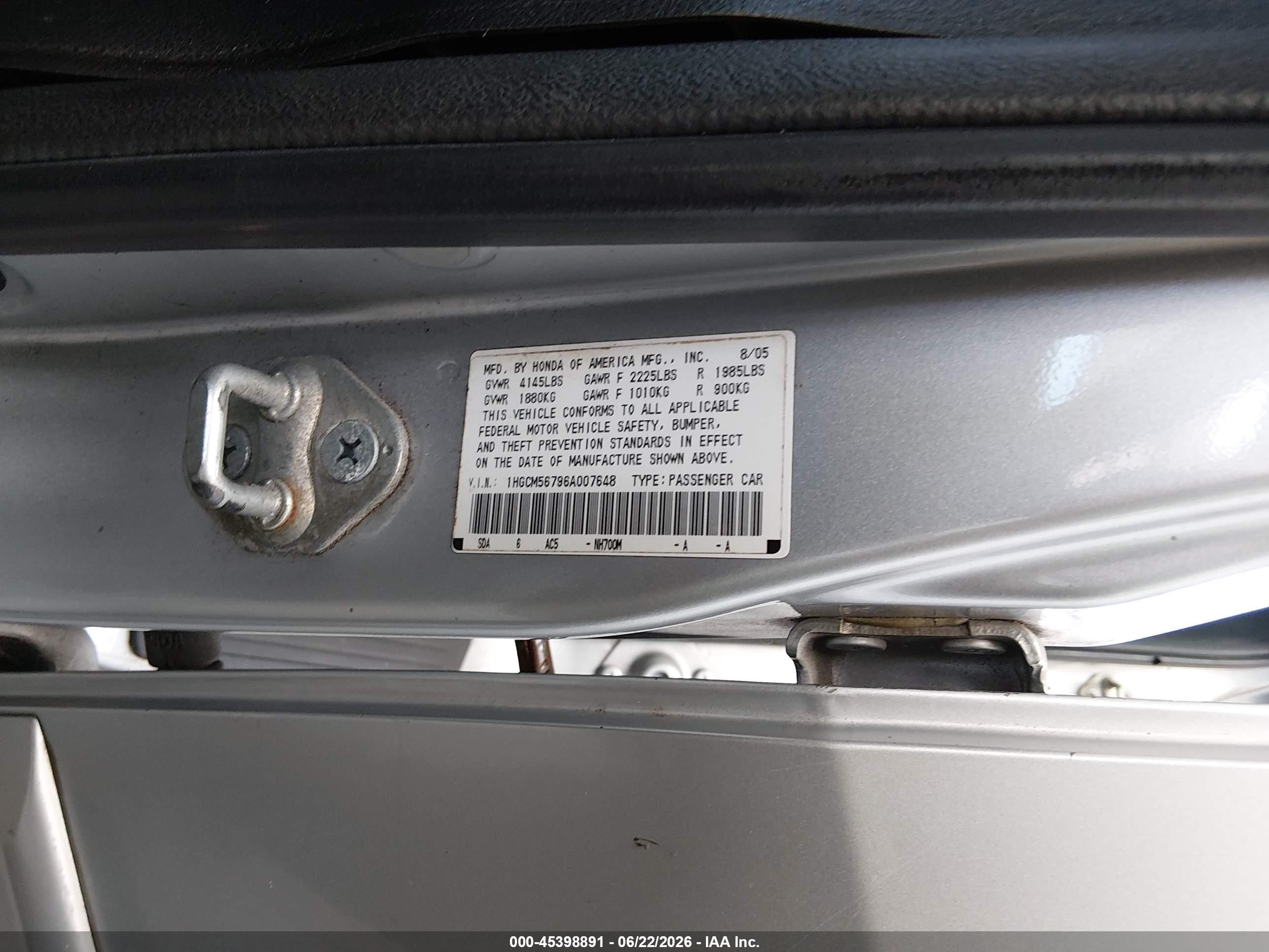 2006 Honda Accord 2.4 Ex Silver vin: 1HGCM56796A007648