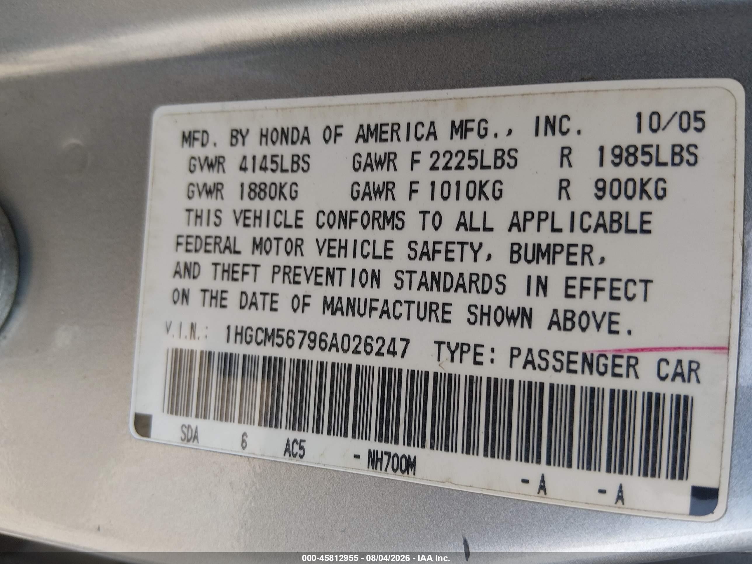 2006 Honda Accord 2.4 Ex Silver vin: 1HGCM56796A026247