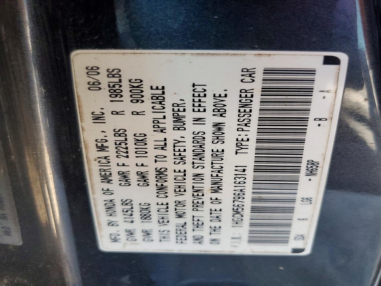 2006 Honda Accord Ex Black vin: 1HGCM56796A163141