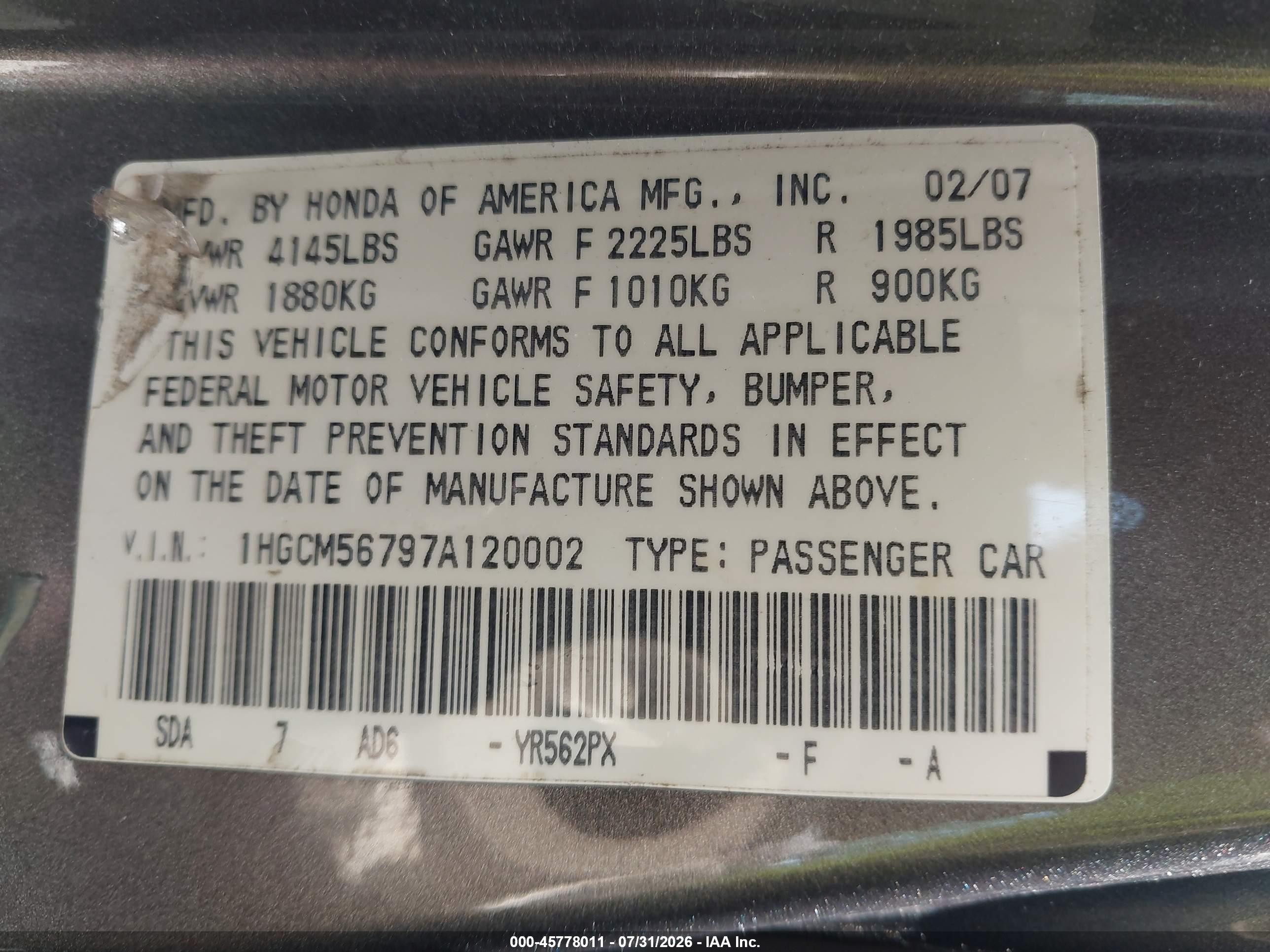 2007 Honda Accord 2.4 Ex Gray vin: 1HGCM56797A120002