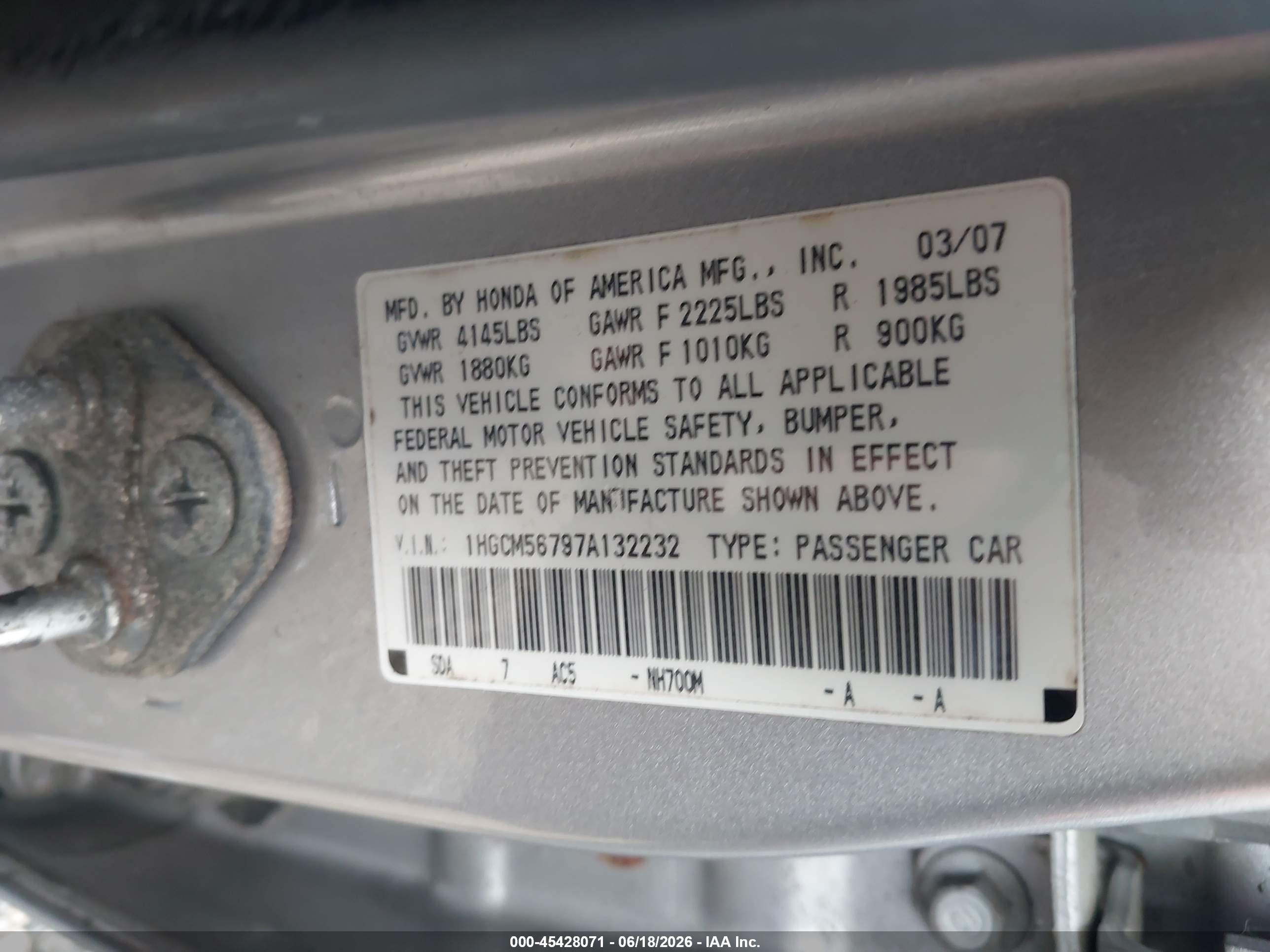 2007 Honda Accord 2.4 Ex Gray vin: 1HGCM56797A132232