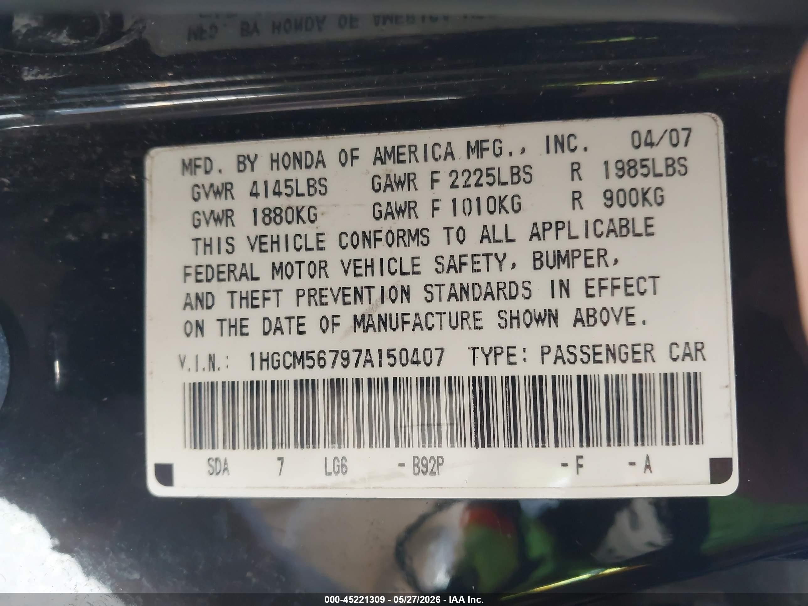 2007 Honda Accord 2.4 Ex Black vin: 1HGCM56797A150407