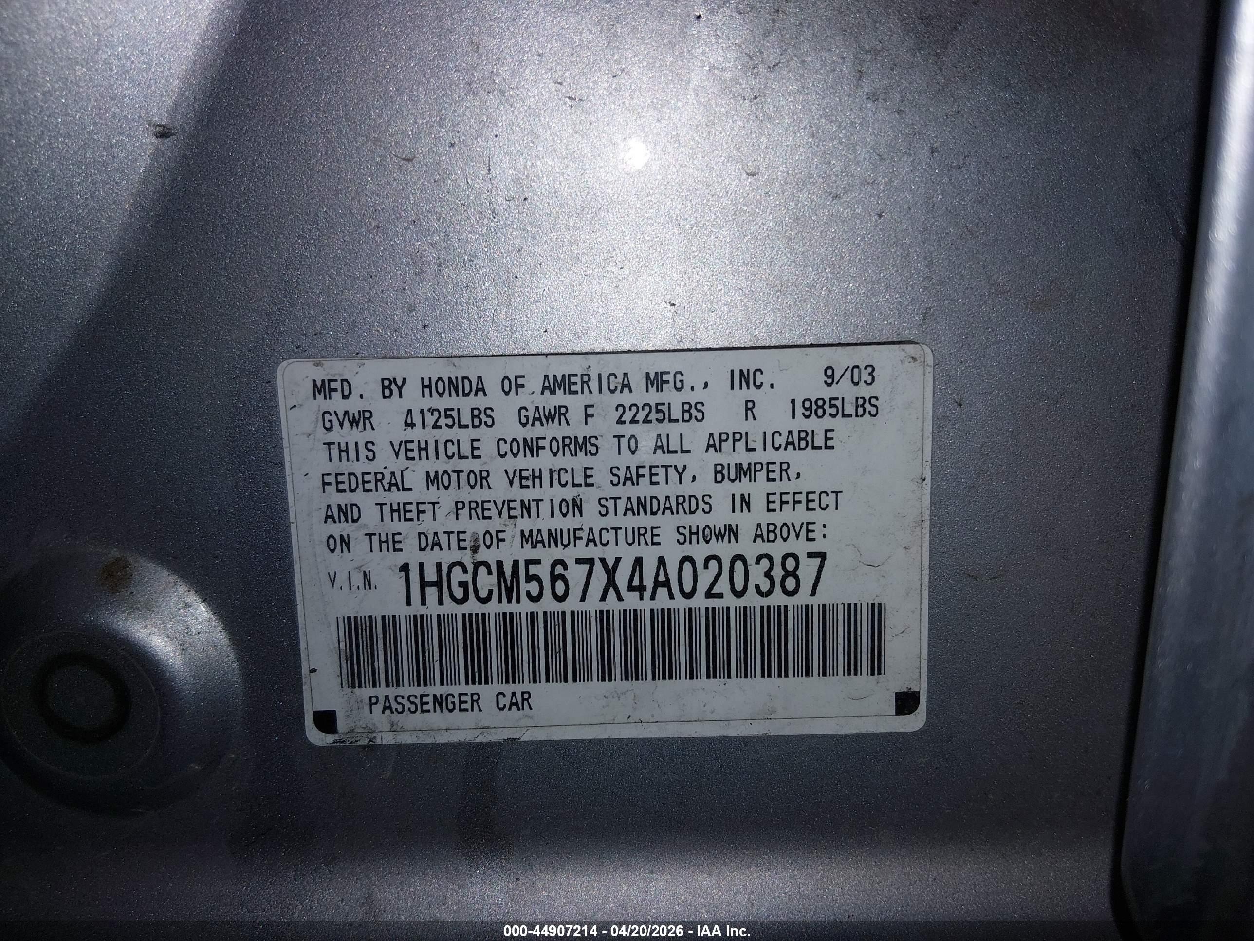 2004 Honda Accord 2.4 Ex Gray vin: 1HGCM567X4A020387