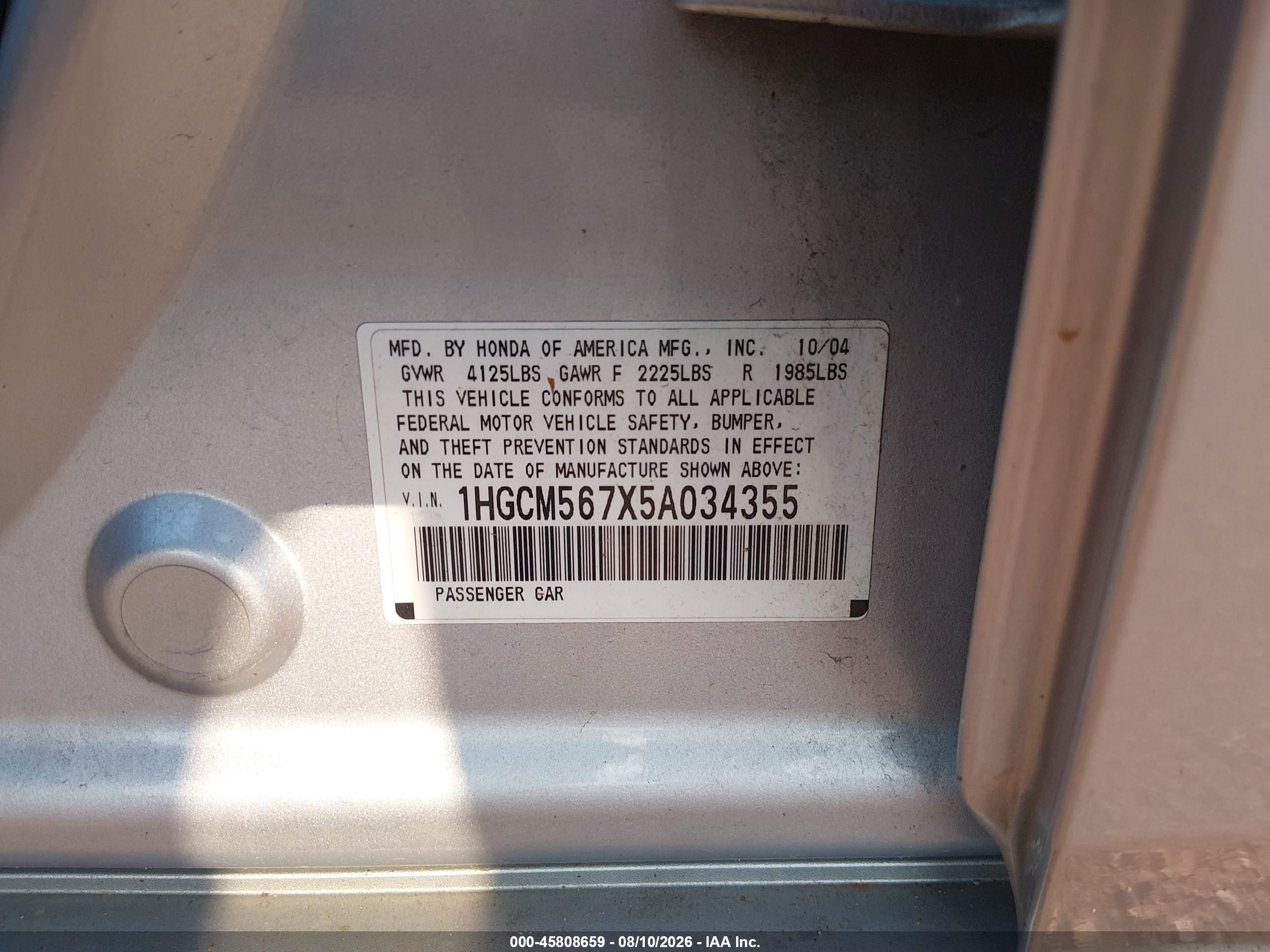 2005 Honda Accord 2.4 Ex Gray vin: 1HGCM567X5A034355