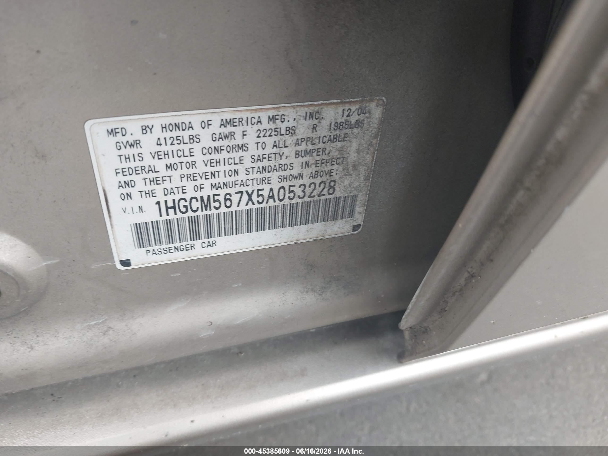 2005 Honda Accord 2.4 Ex Champagne vin: 1HGCM567X5A053228