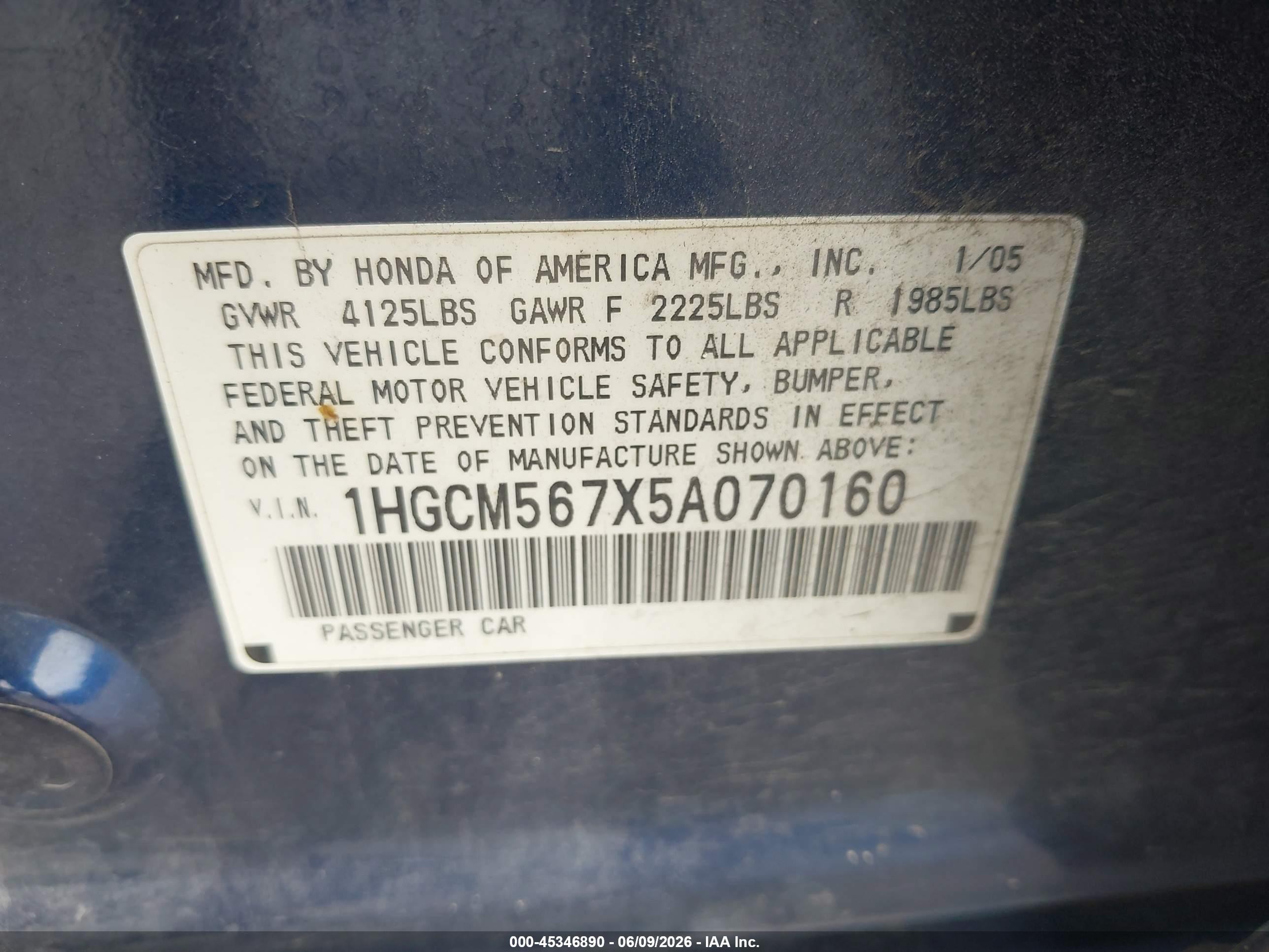 2005 Honda Accord 2.4 Ex Blue vin: 1HGCM567X5A070160