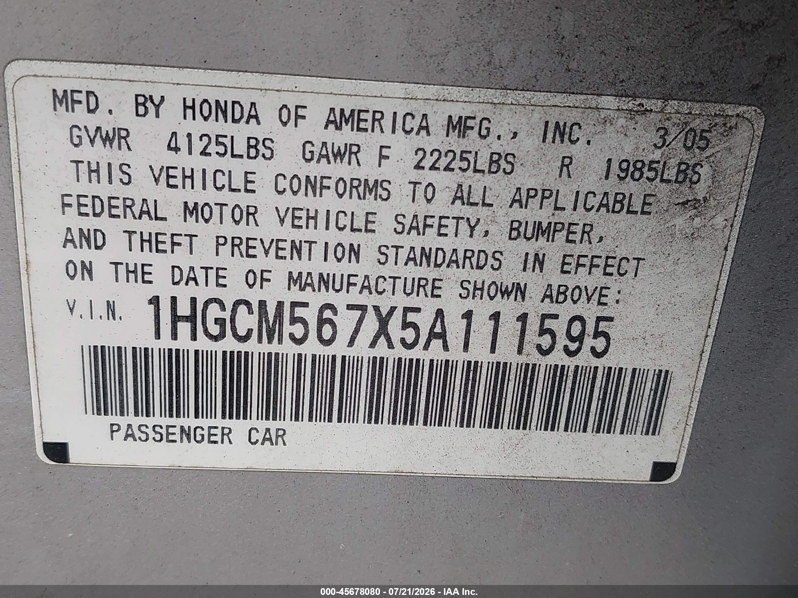 2005 Honda Accord 2.4 Ex Silver vin: 1HGCM567X5A111595