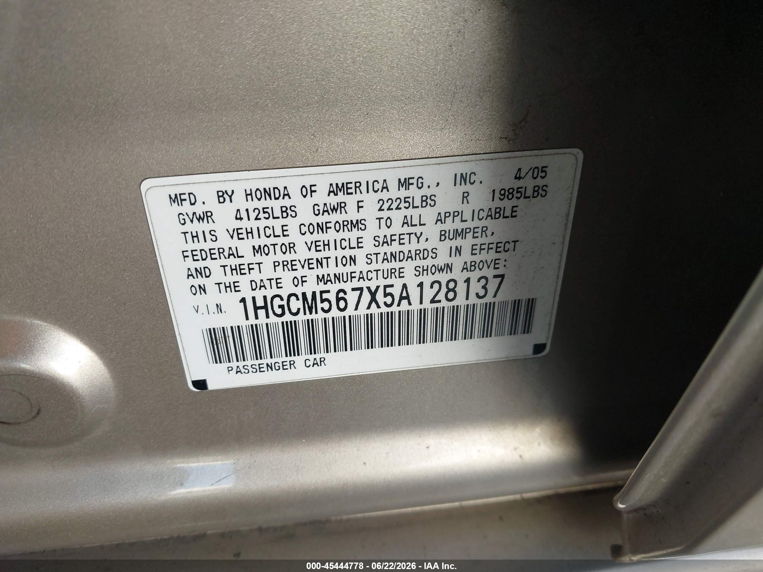 2005 Honda Accord 2.4 Ex Gold vin: 1HGCM567X5A128137