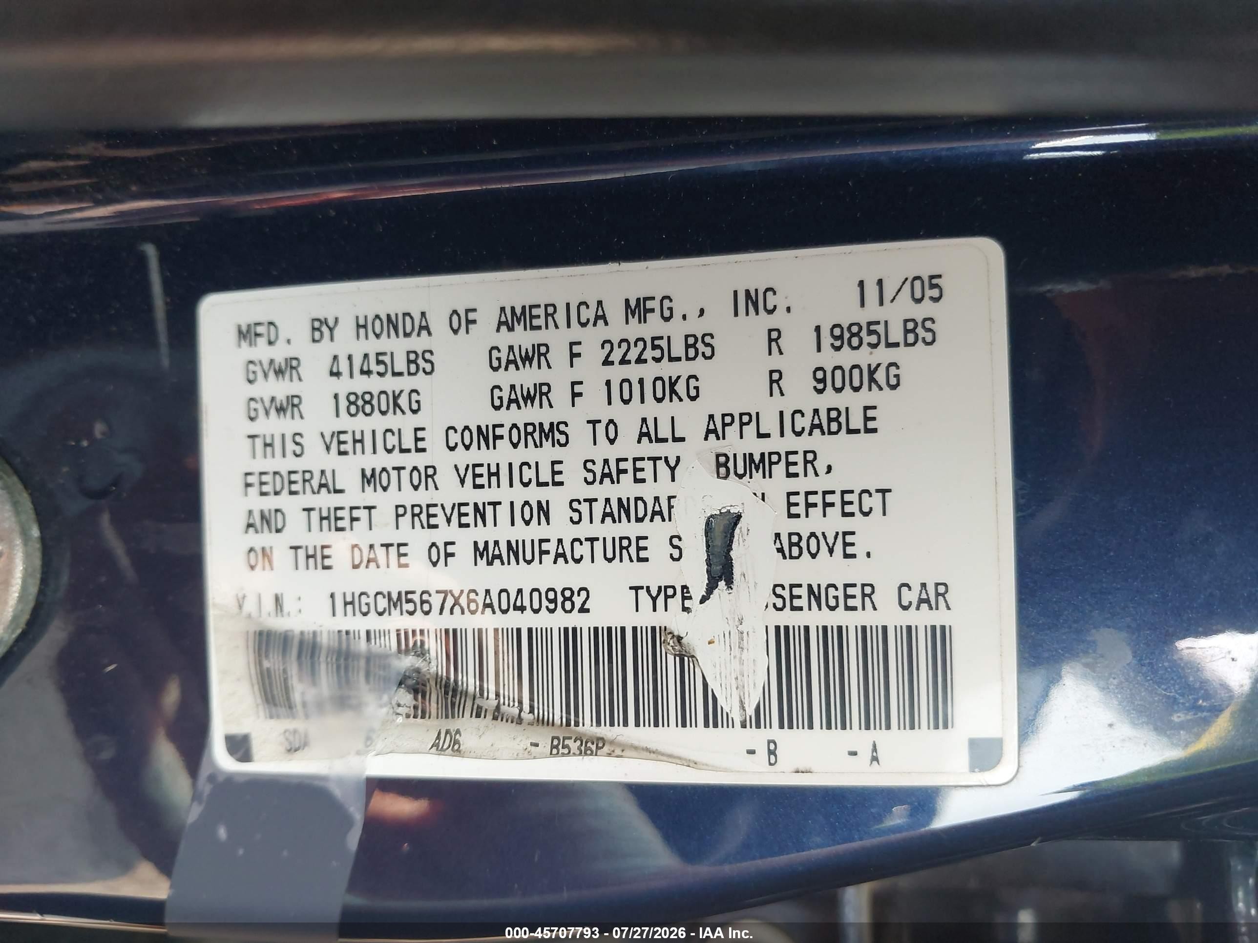 2006 Honda Accord 2.4 Ex Blue vin: 1HGCM567X6A040982