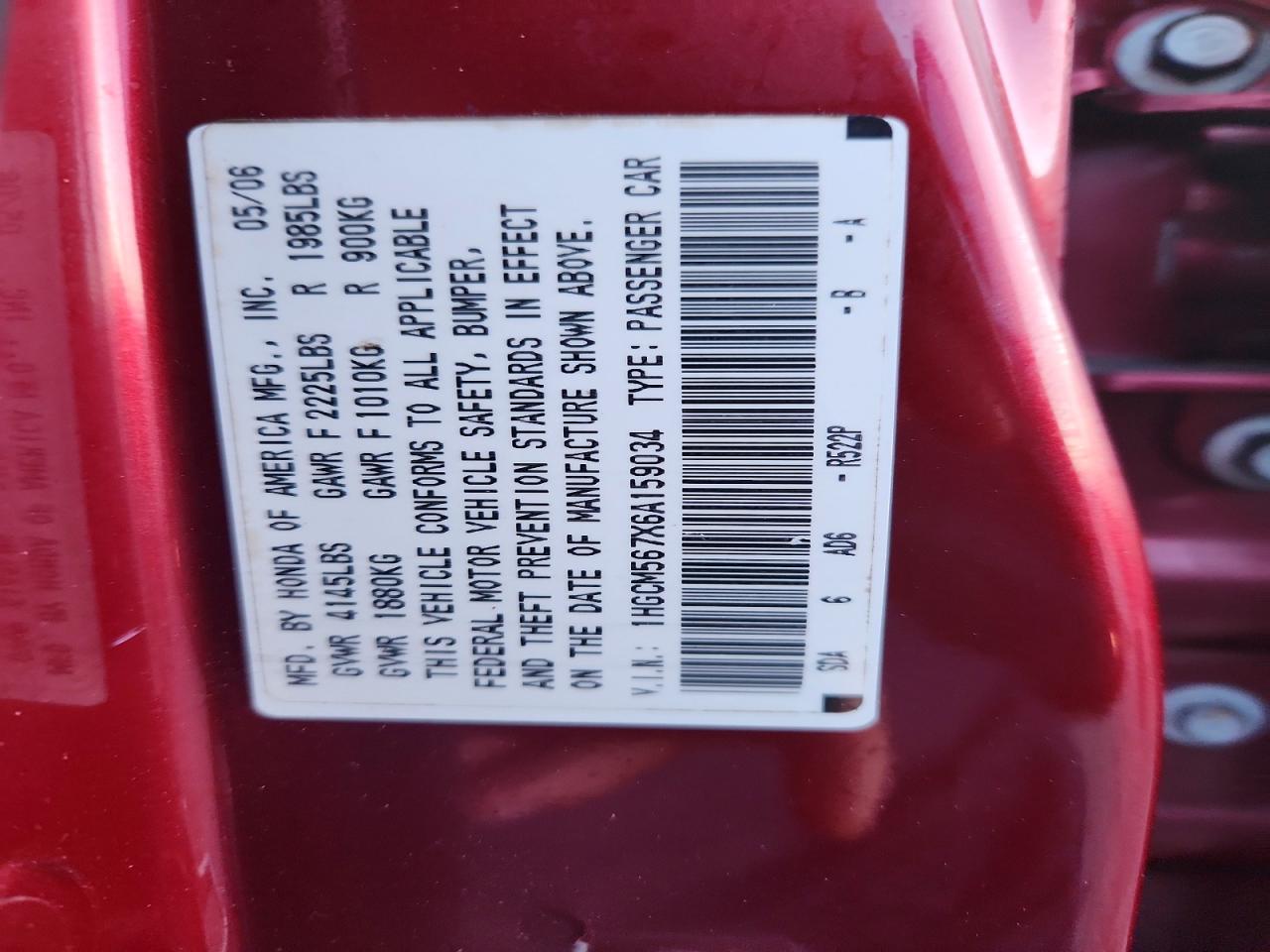 2006 Honda Accord Red vin: 1HGCM567X6A159034