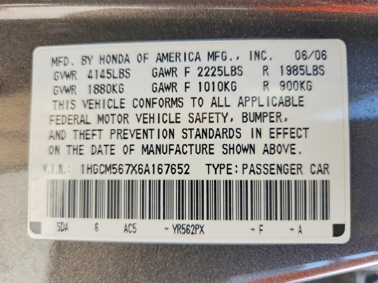 2006 Honda Accord Ex Gray vin: 1HGCM567X6A167652