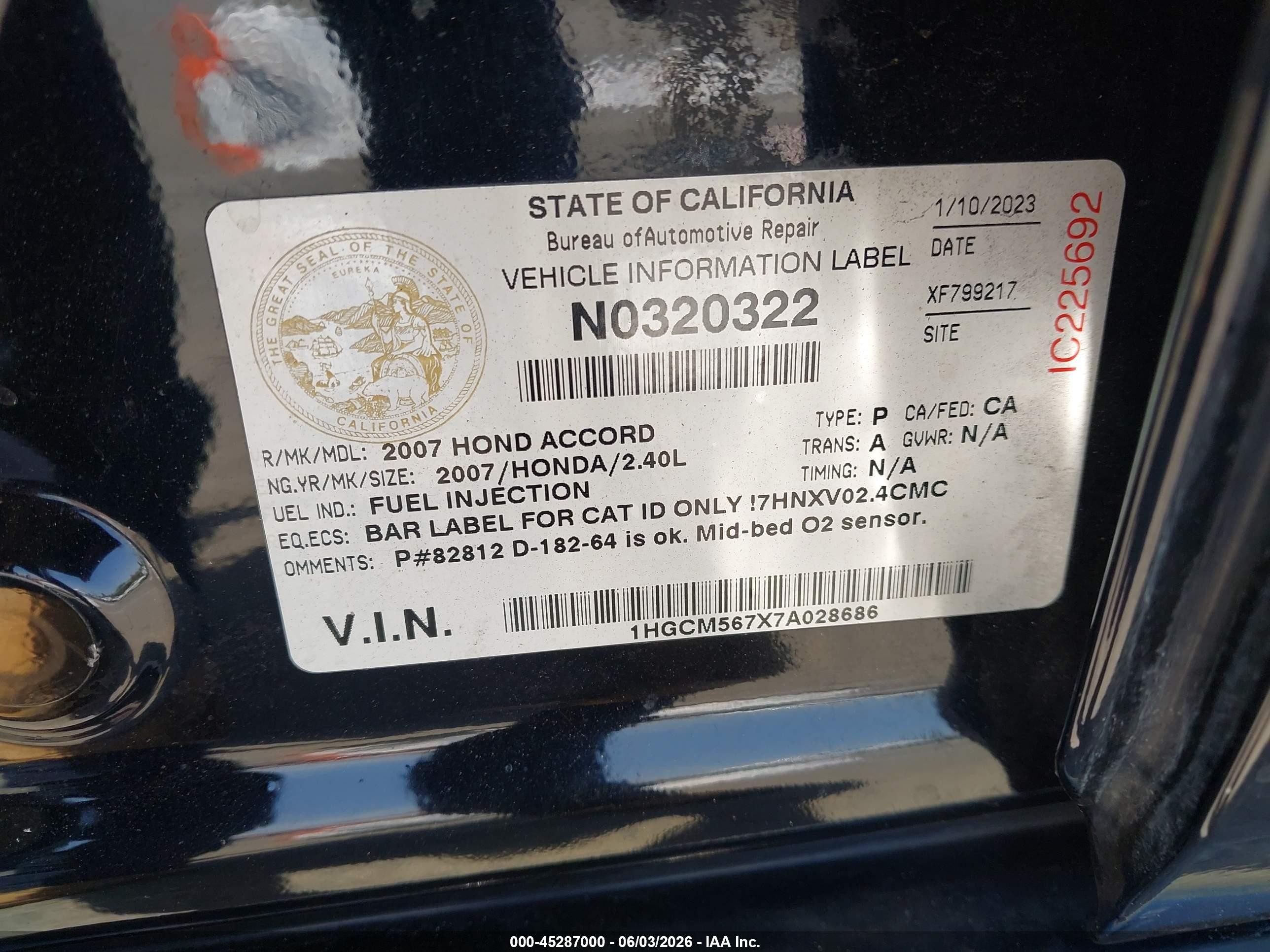 2007 Honda Accord 2.4 Ex Black vin: 1HGCM567X7A028686