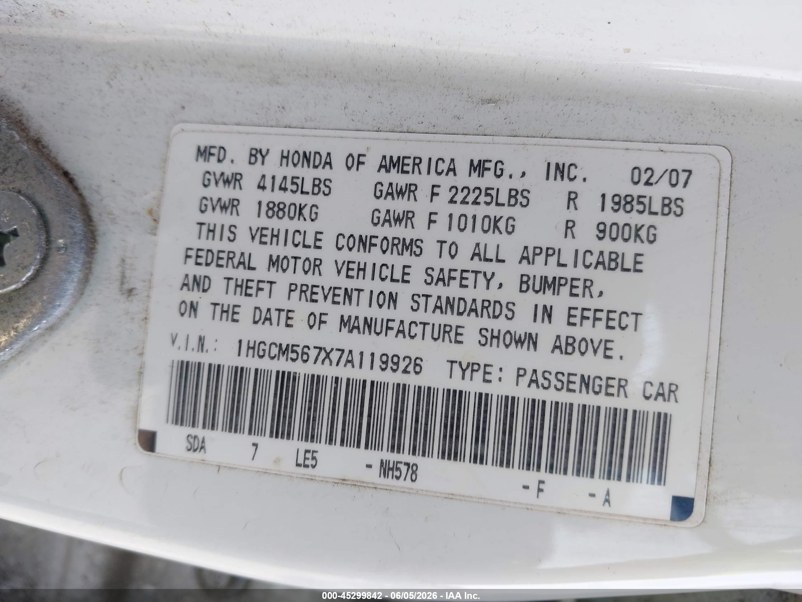 2007 Honda Accord 2.4 Ex White vin: 1HGCM567X7A119926