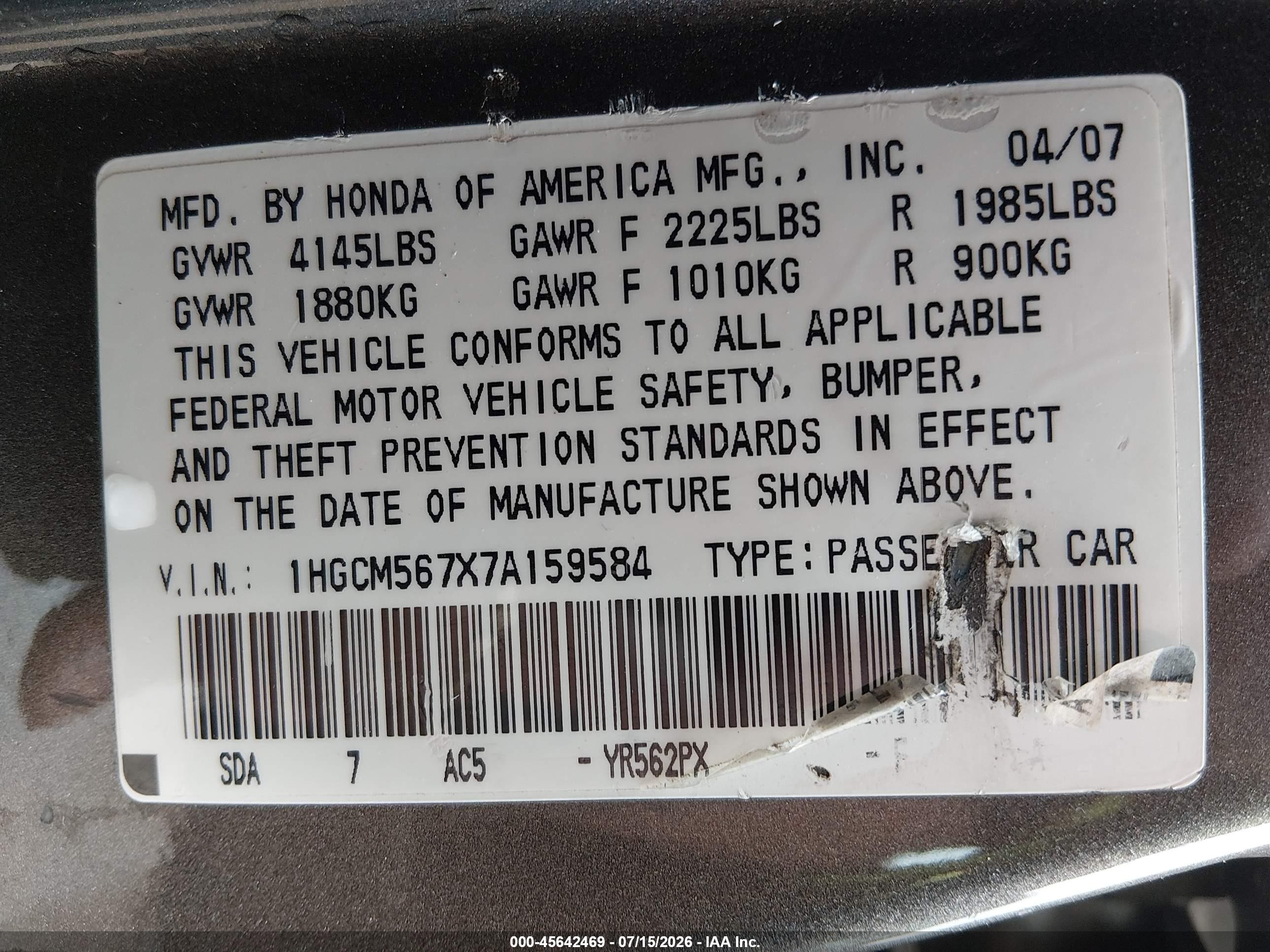 2007 Honda Accord 2.4 Ex Gray vin: 1HGCM567X7A159584