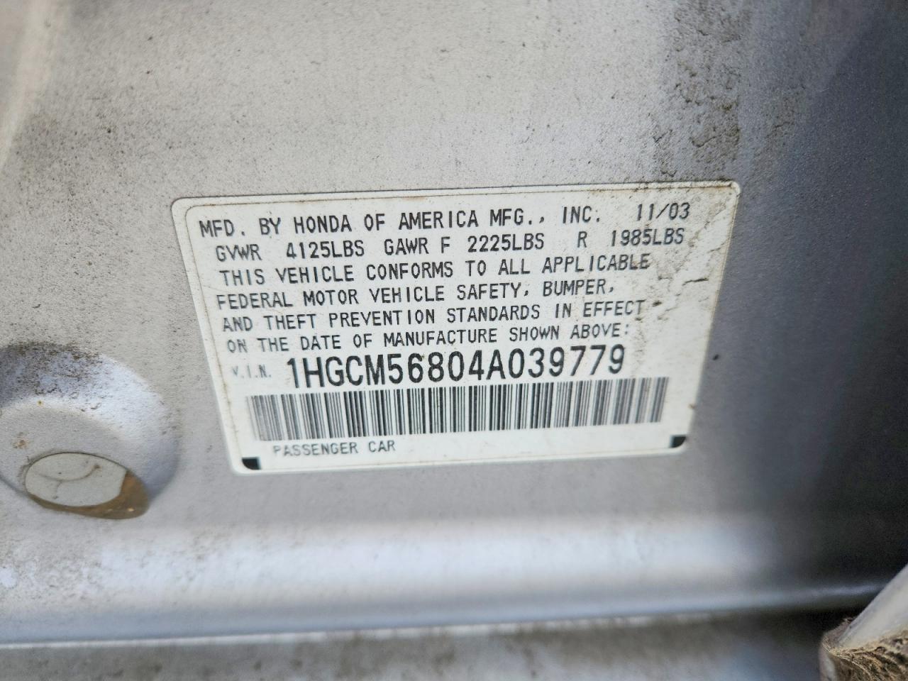 2004 Honda Accord Ex Silver vin: 1HGCM56804A039779