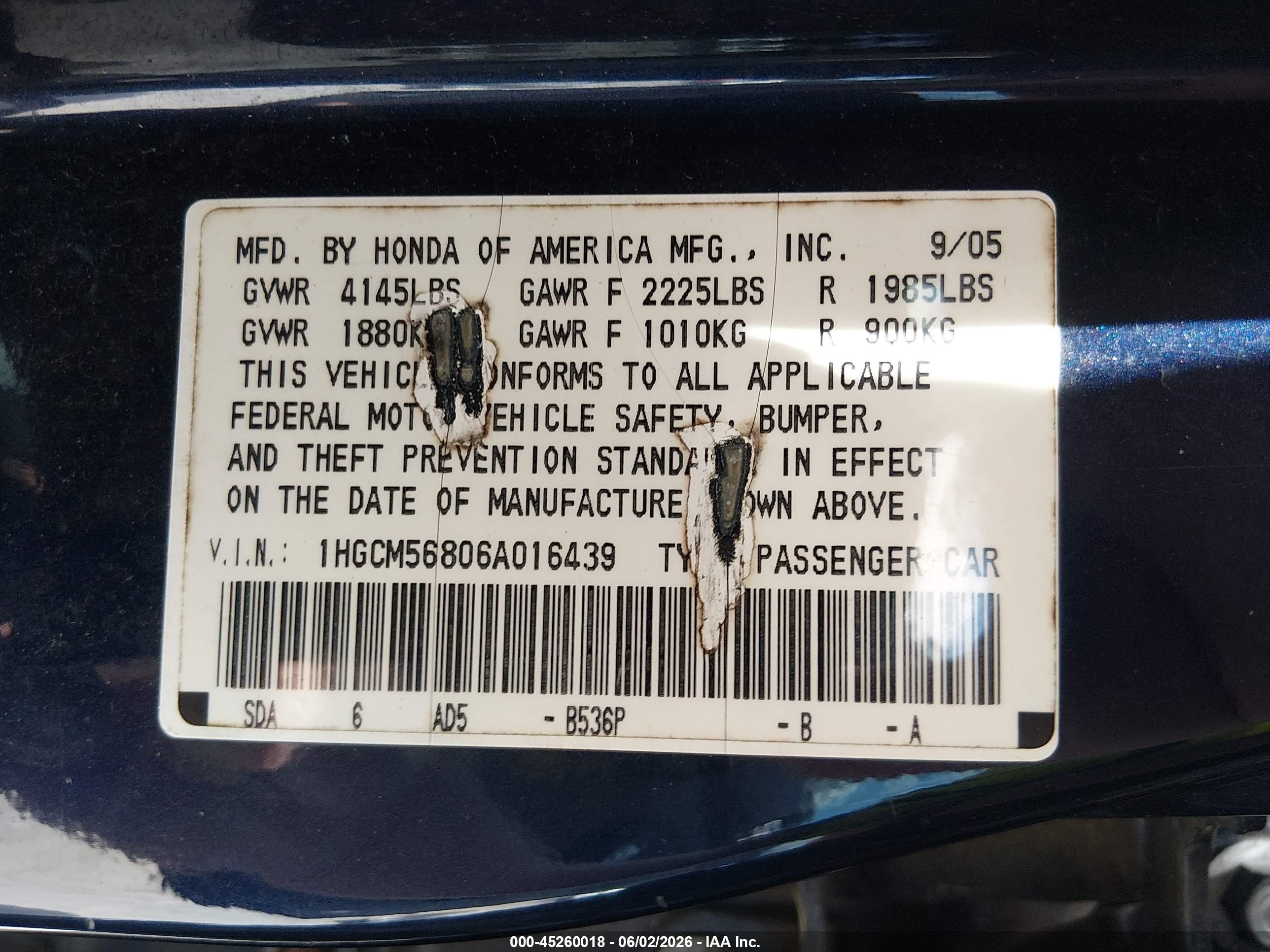 2006 Honda Accord 2.4 Ex Blue vin: 1HGCM56806A016439