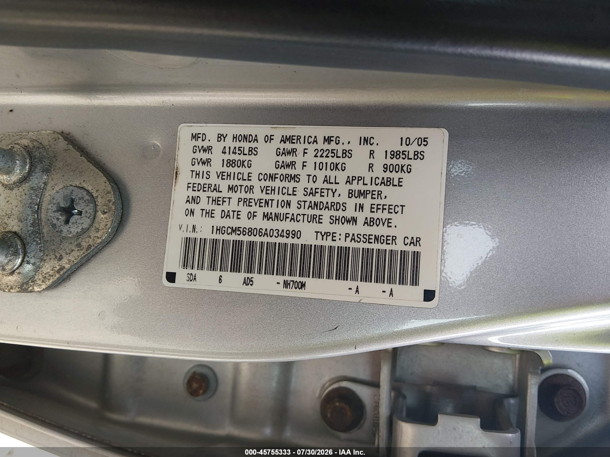 2006 Honda Accord 2.4 Ex Silver vin: 1HGCM56806A034990