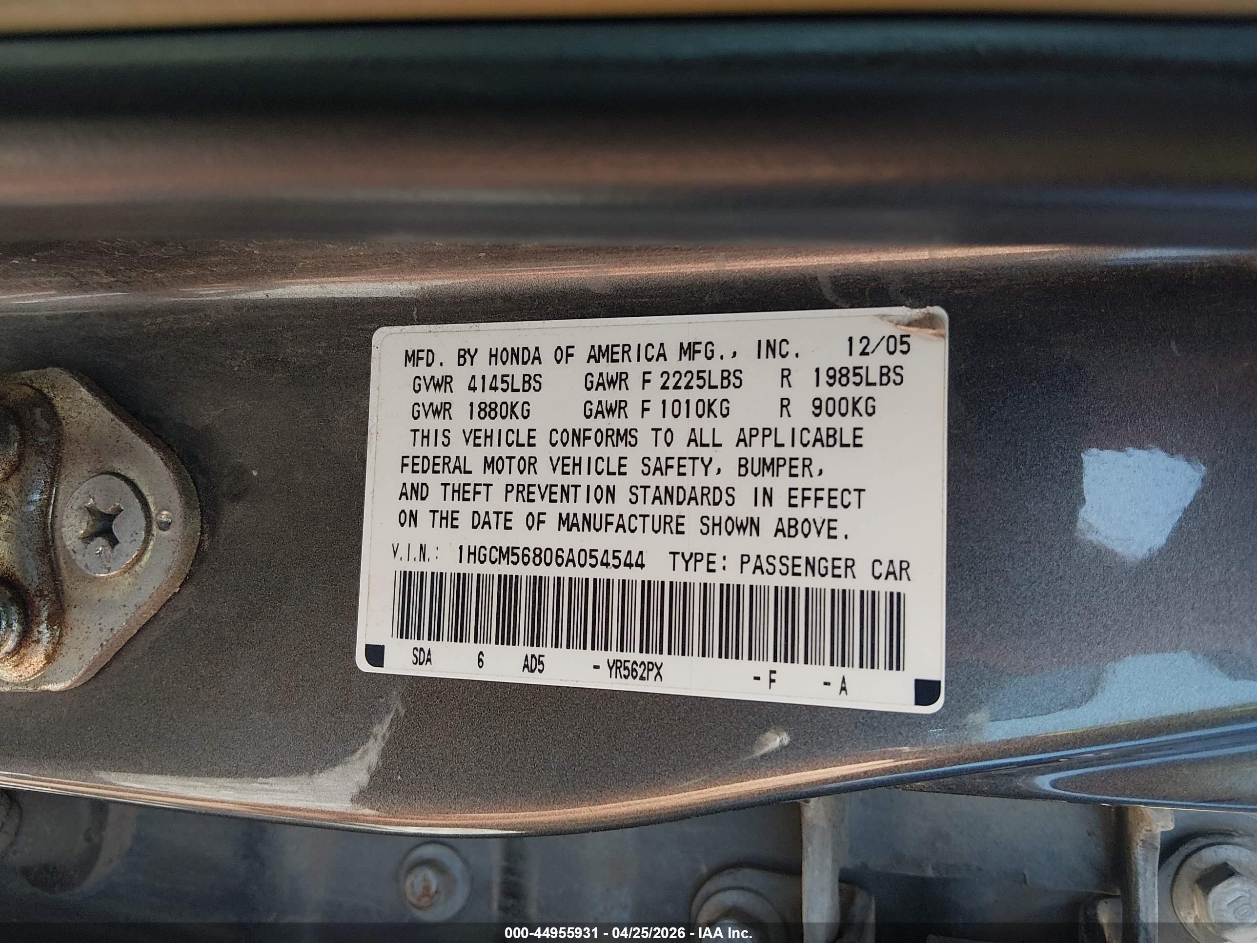 2006 Honda Accord 2.4 Ex Beige vin: 1HGCM56806A054544