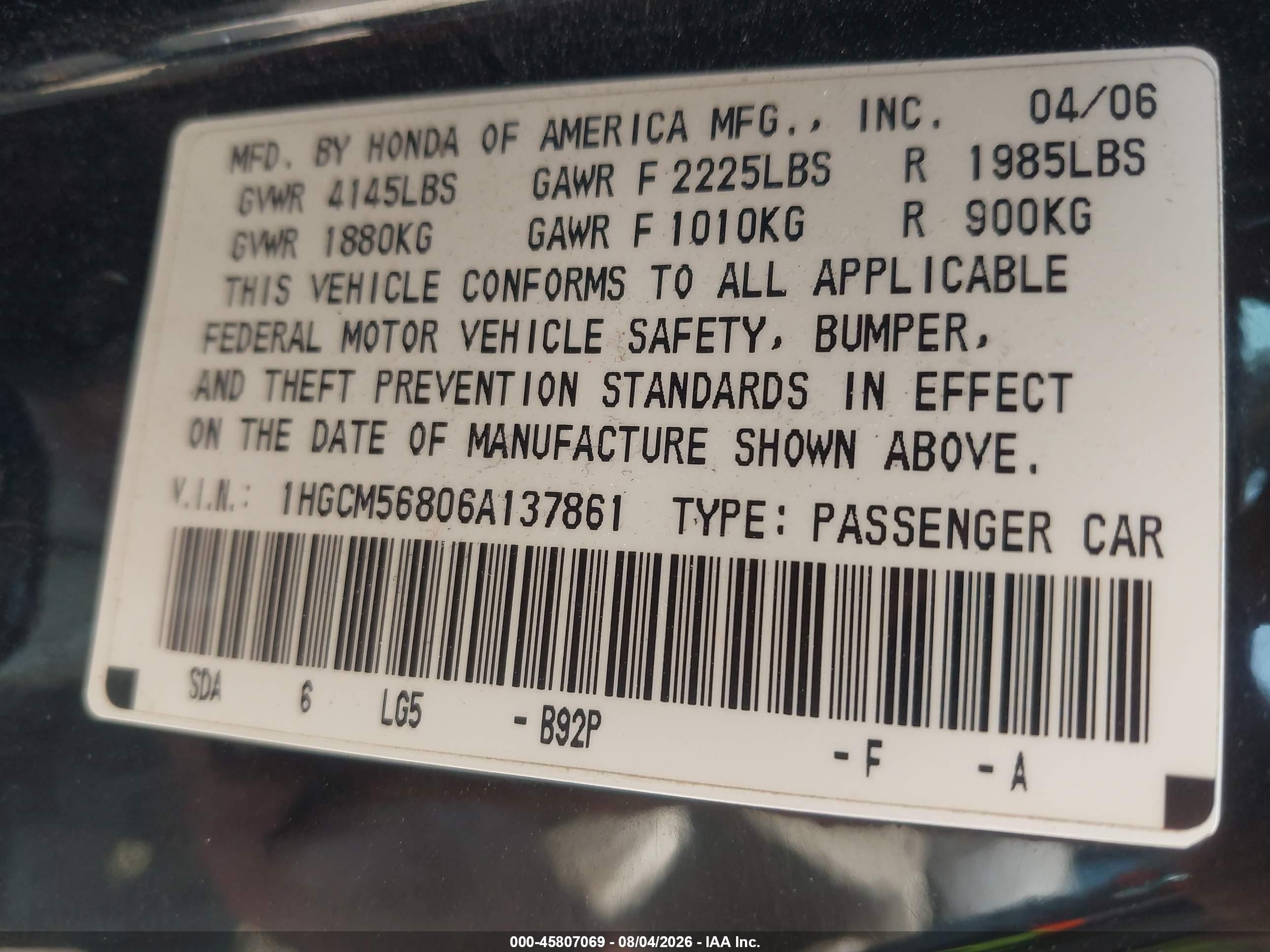 2006 Honda Accord 2.4 Ex Black vin: 1HGCM56806A137861