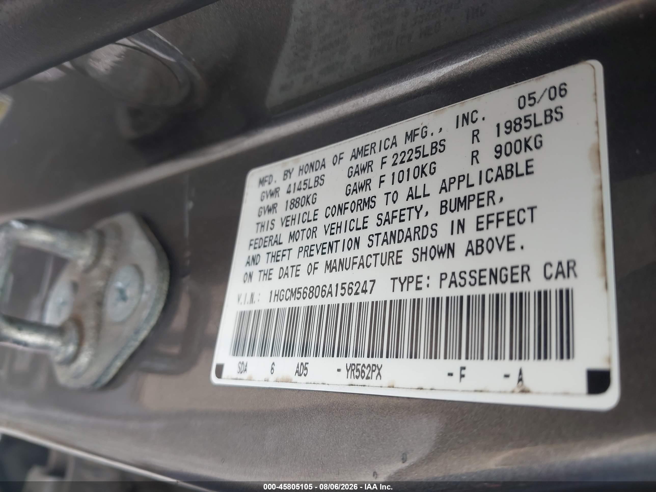 2006 Honda Accord 2.4 Ex Gray vin: 1HGCM56806A156247