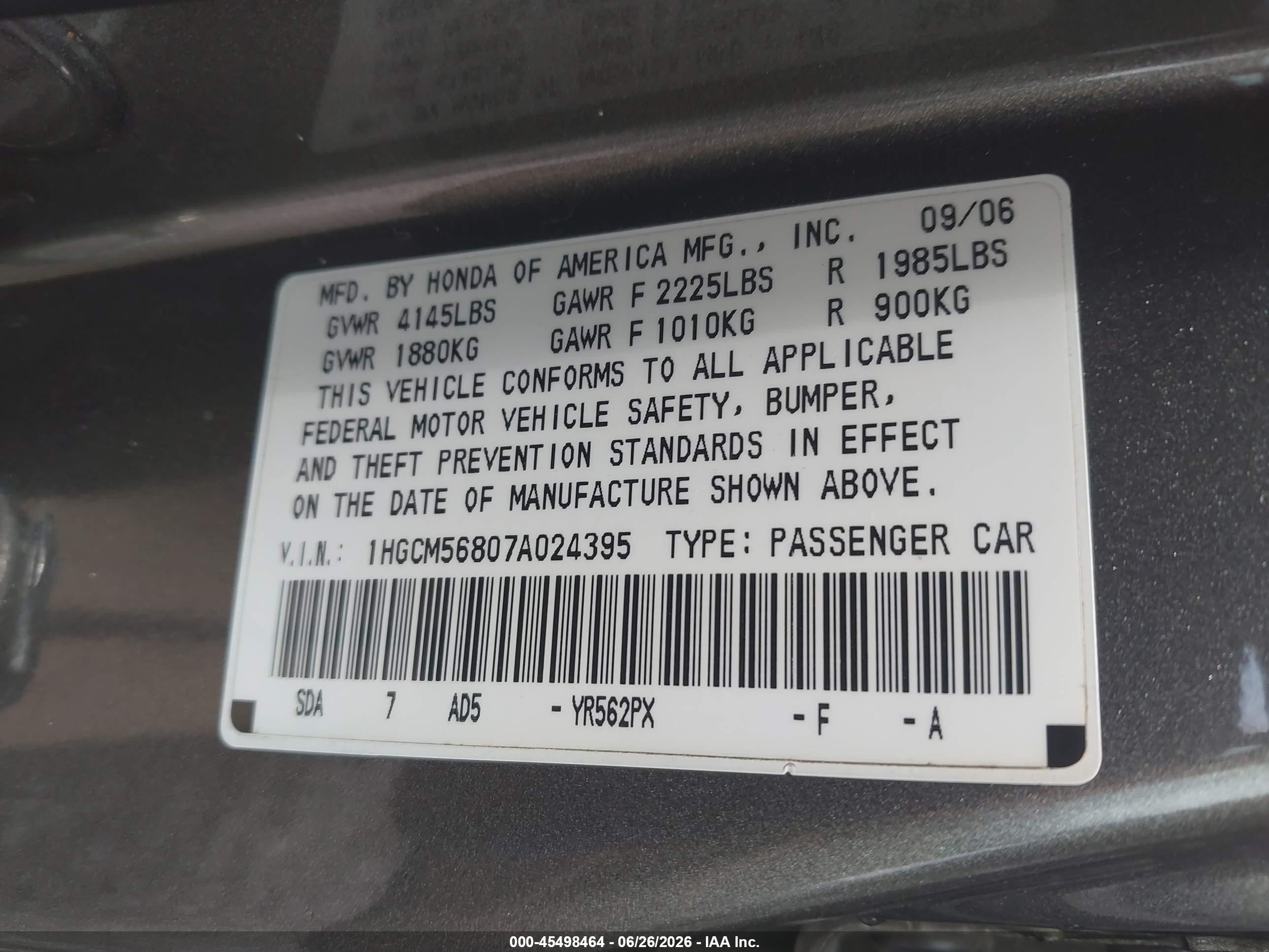 2007 Honda Accord 2.4 Ex Gray vin: 1HGCM56807A024395