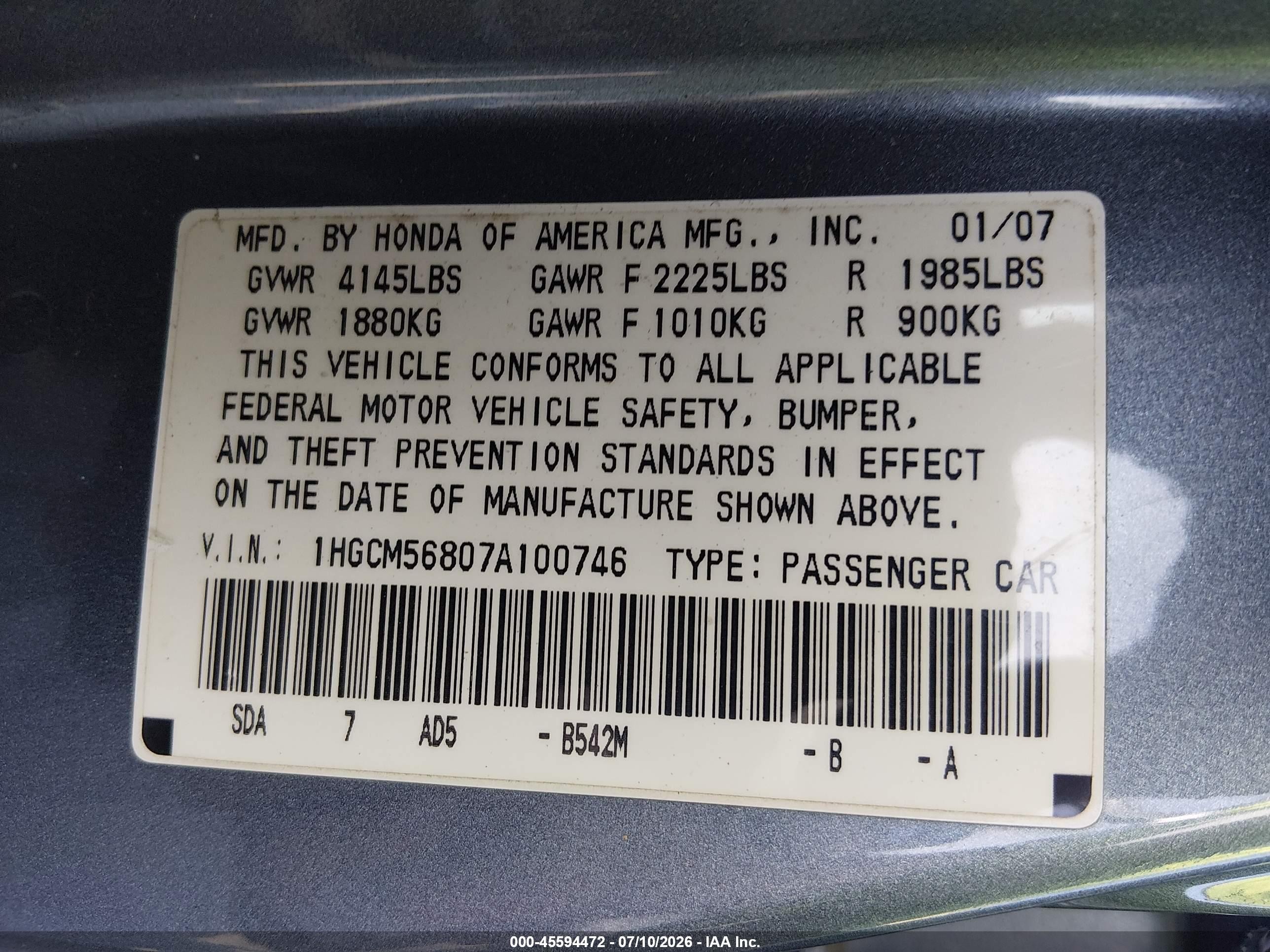 2007 Honda Accord 2.4 Ex Silver vin: 1HGCM56807A100746