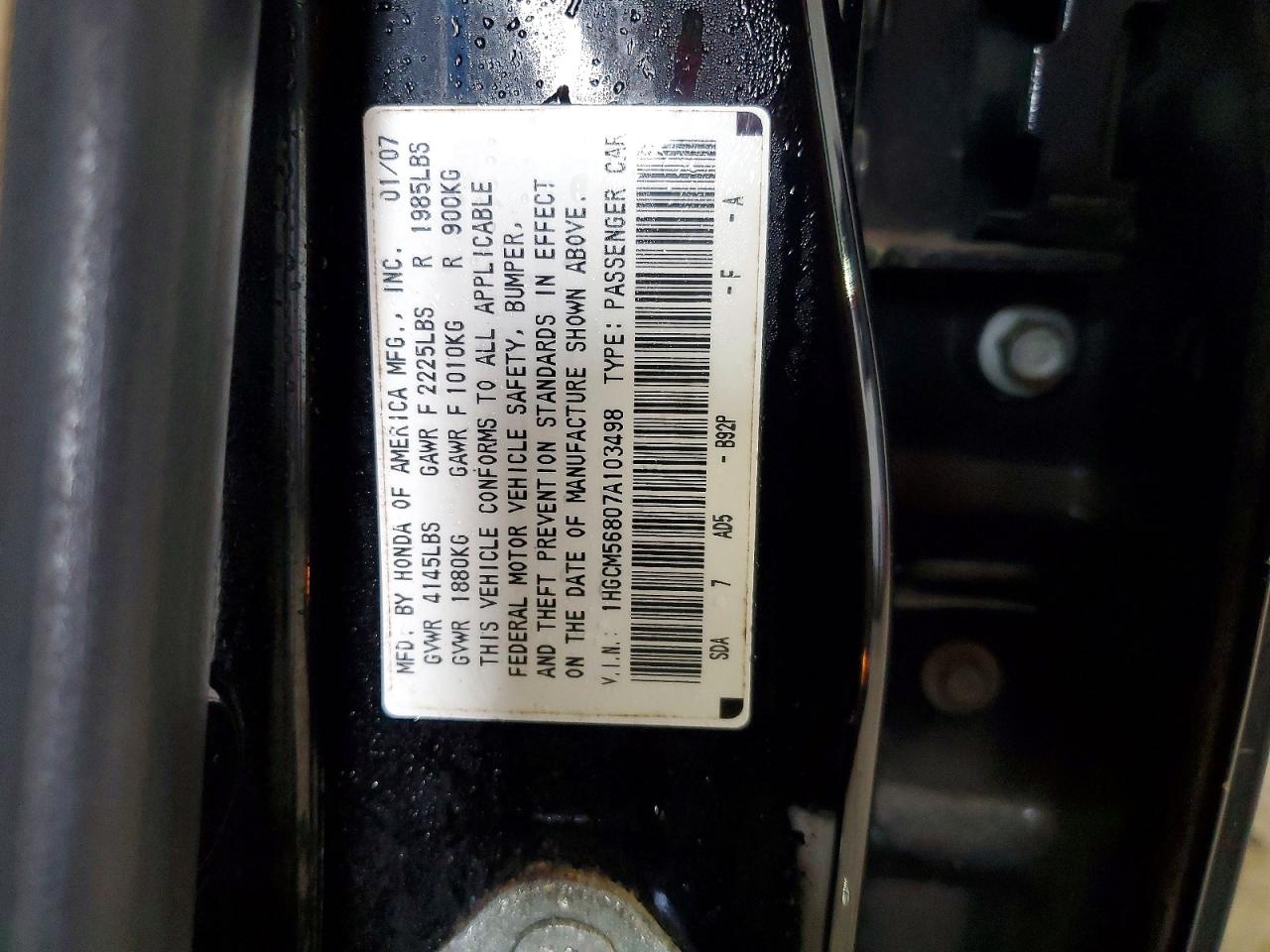 2007 Honda Accord Black vin: 1HGCM56807A103498