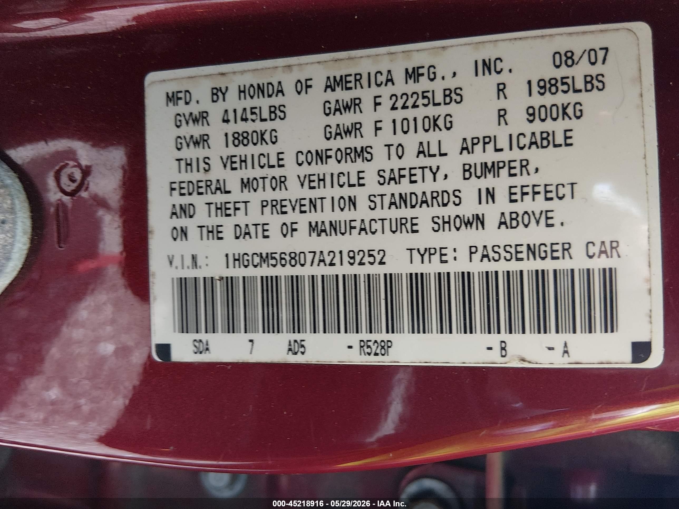 2007 Honda Accord 2.4 Ex Red vin: 1HGCM56807A219252