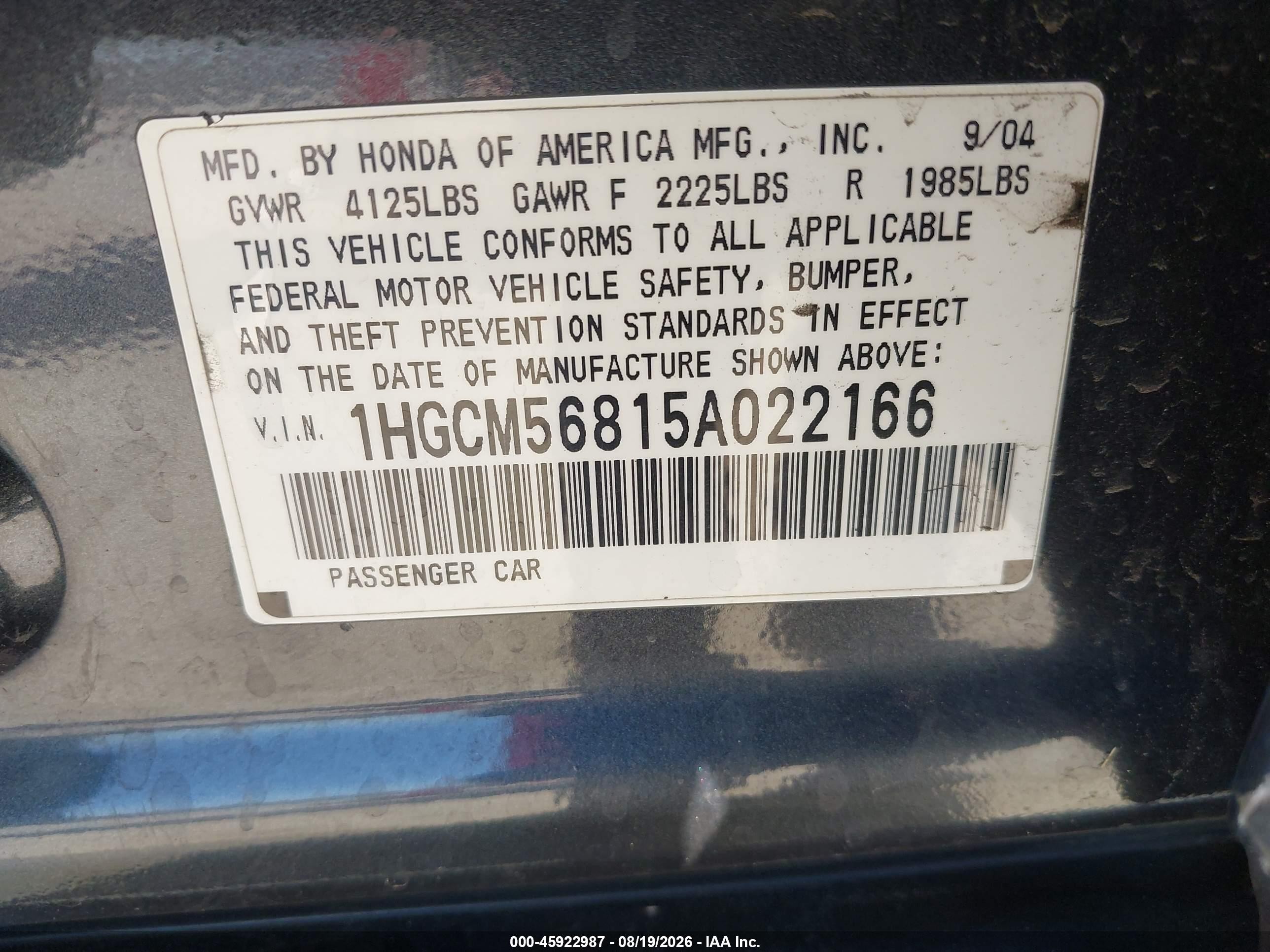 2005 Honda Accord 2.4 Ex Gray vin: 1HGCM56815A022166