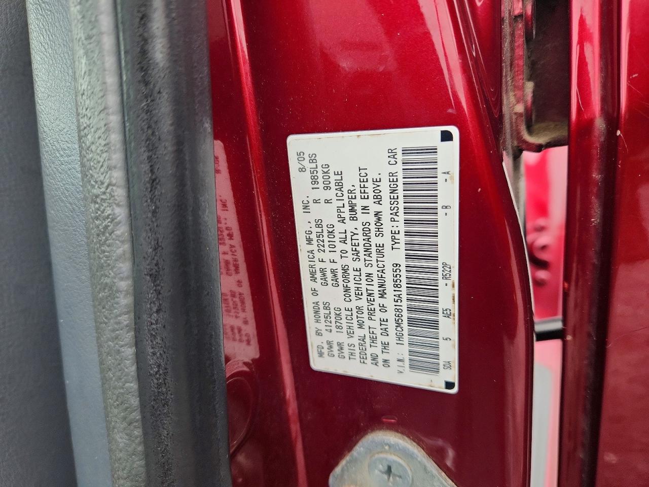 2005 Honda Accord Ex Burgundy vin: 1HGCM56815A185559