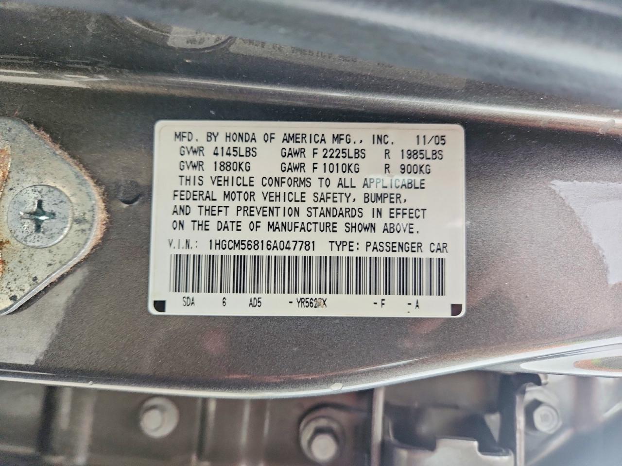 2006 Honda Accord Ex Серый vin: 1HGCM56816A047781